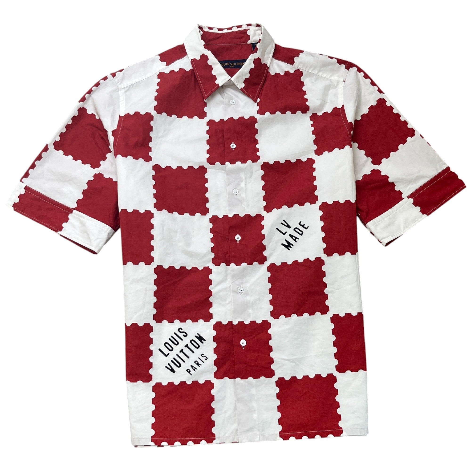 Men's Checkered Print Short Sleeve Shirt Red Size XXL