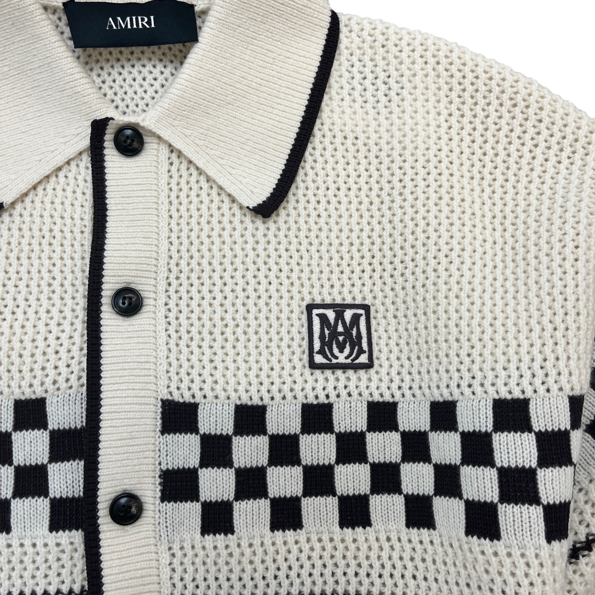 Men's Checkered Mesh Logo Patch Shirt Cream Size S