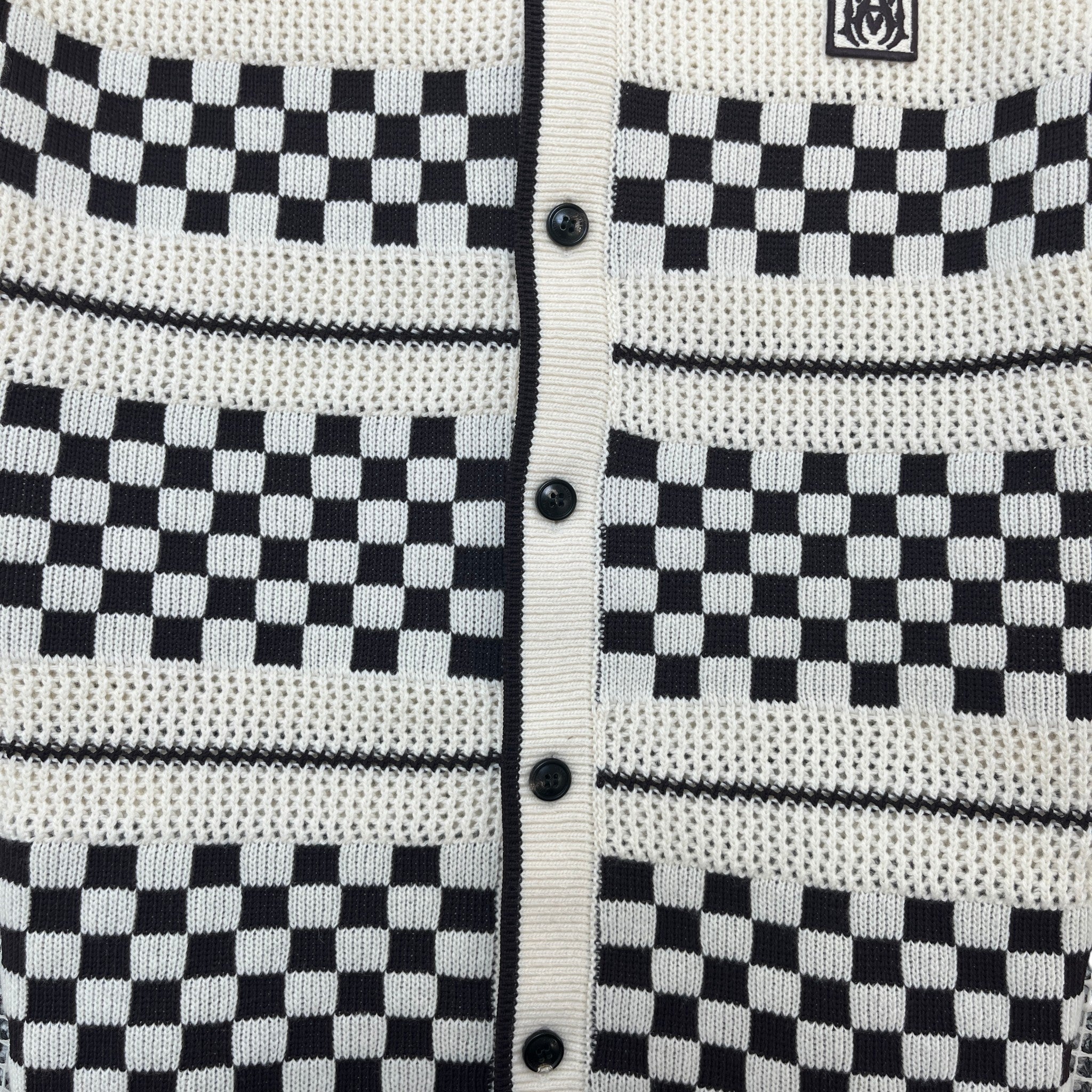 Men's Checkered Mesh Logo Patch Shirt Cream Size S