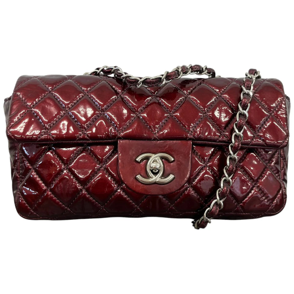 Women's Crinkled Patent Quilted East West Flap Bag Burgundy