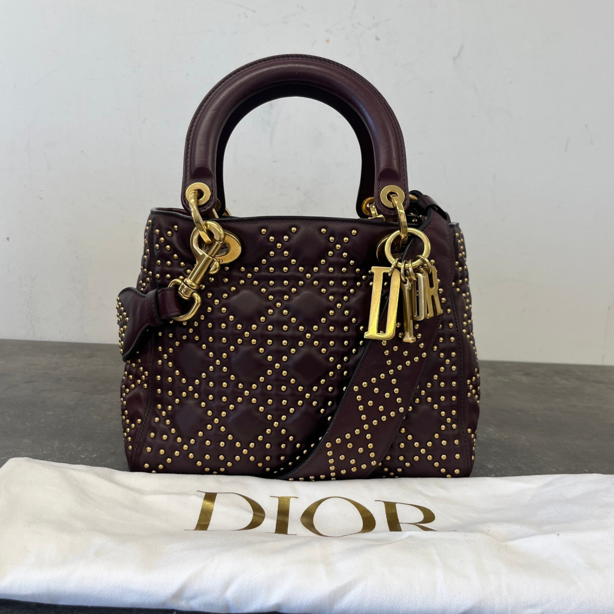 Women's Studded Cannage Lady Dior Handbag Burgundy