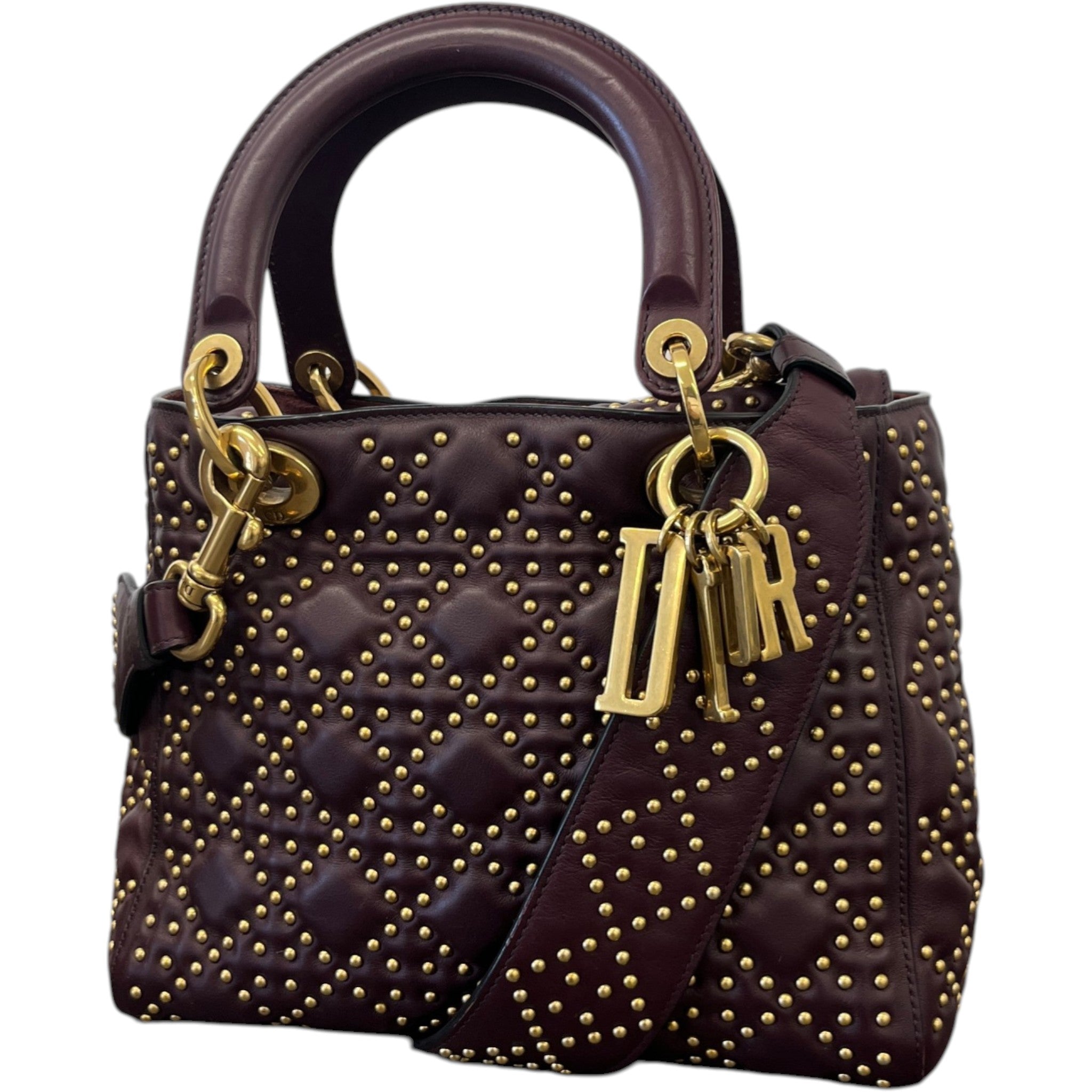 Women's Studded Cannage Lady Dior Handbag Burgundy