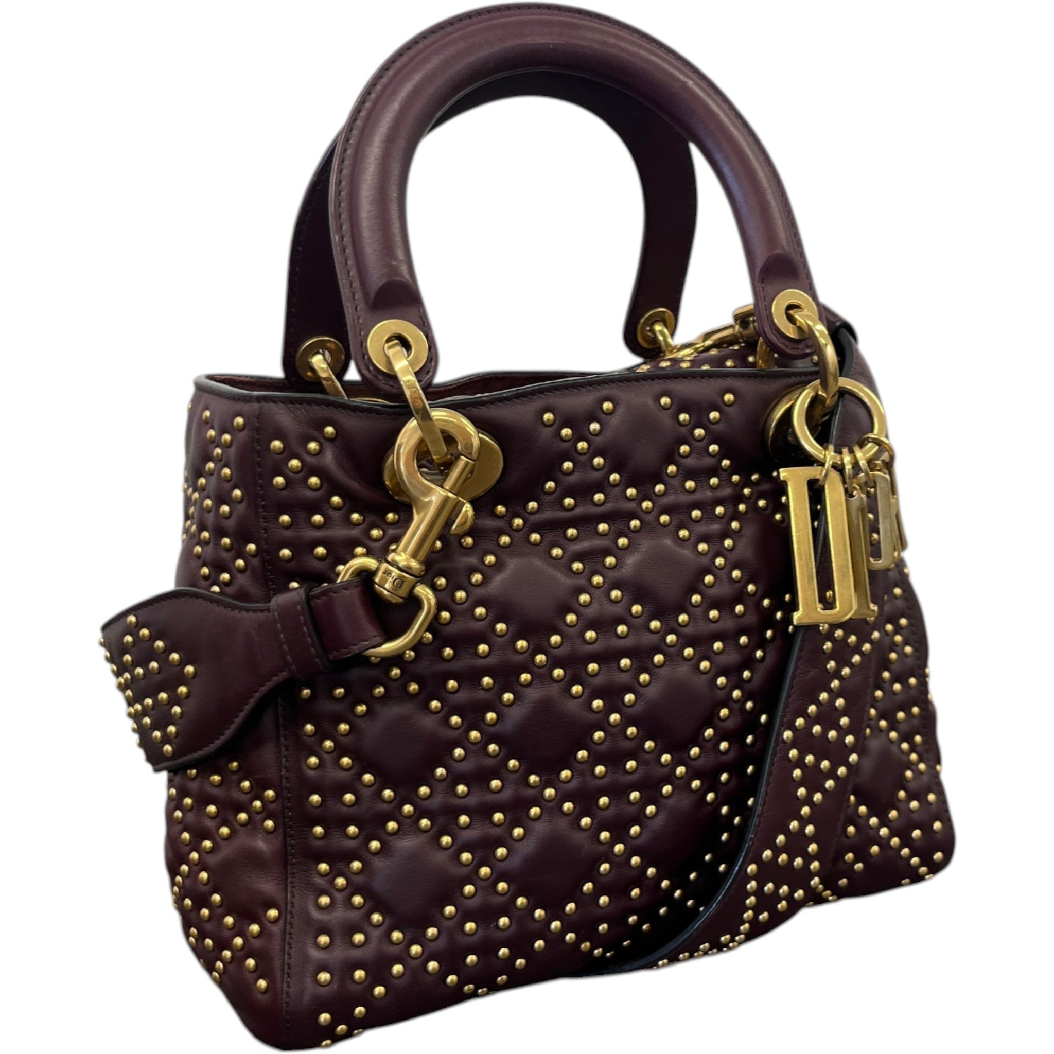 Women's Studded Cannage Lady Dior Handbag Burgundy