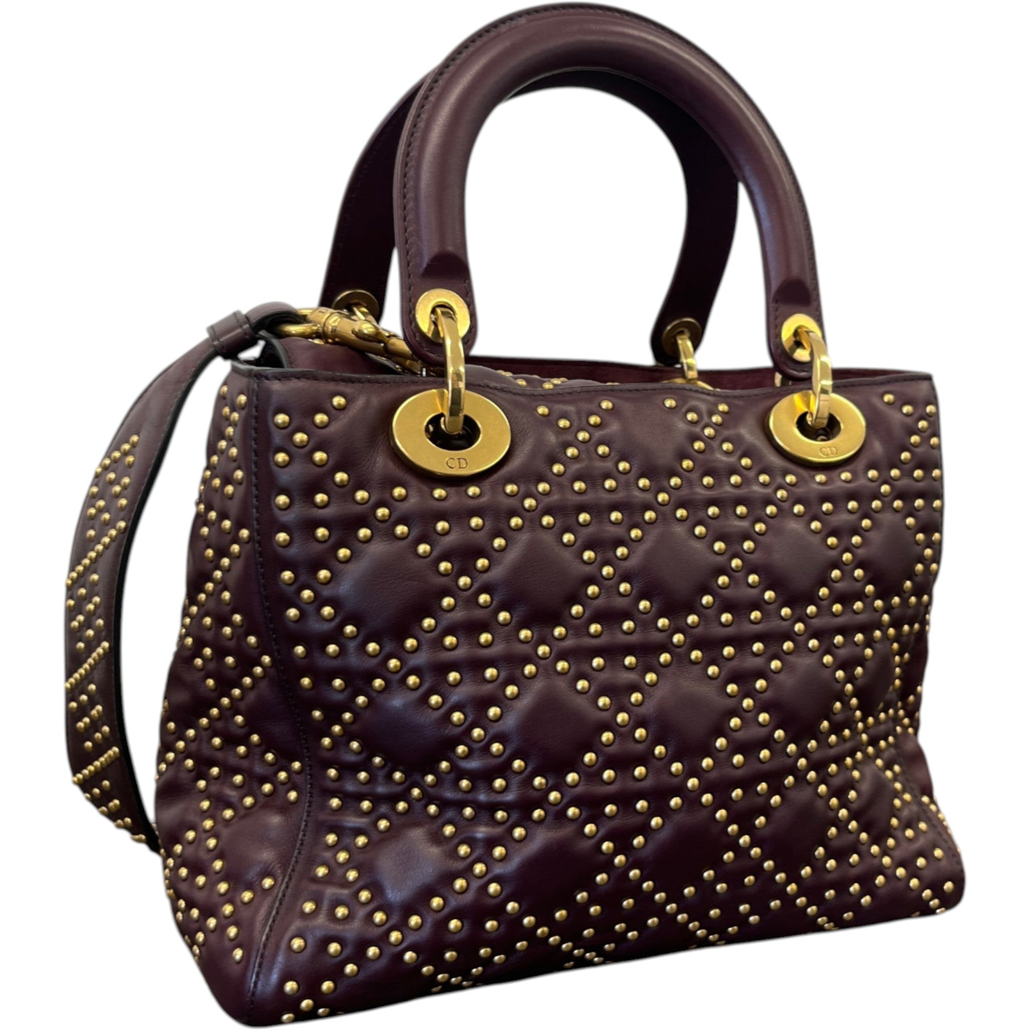 Women's Studded Cannage Lady Dior Handbag Burgundy