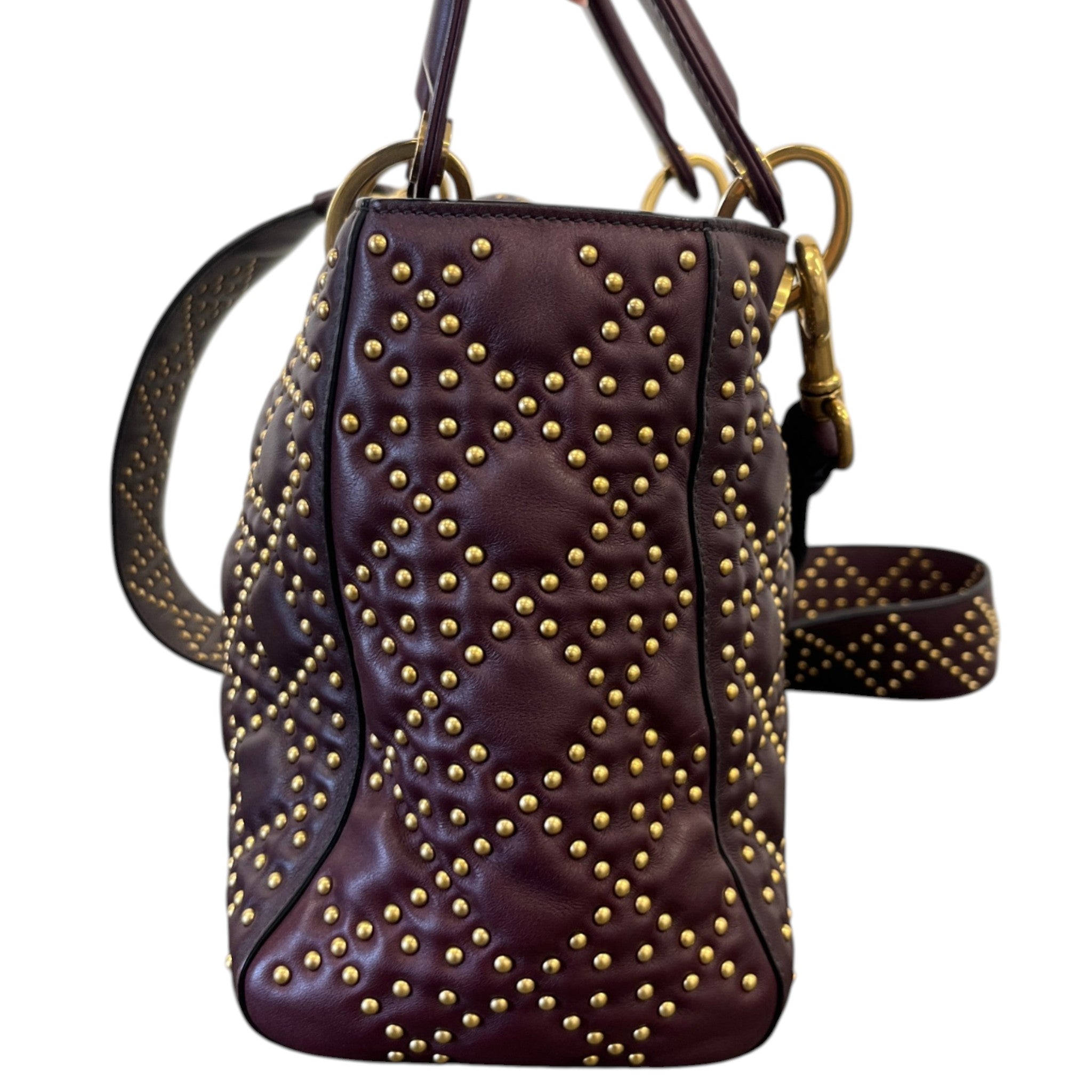 Women's Studded Cannage Lady Dior Handbag Burgundy