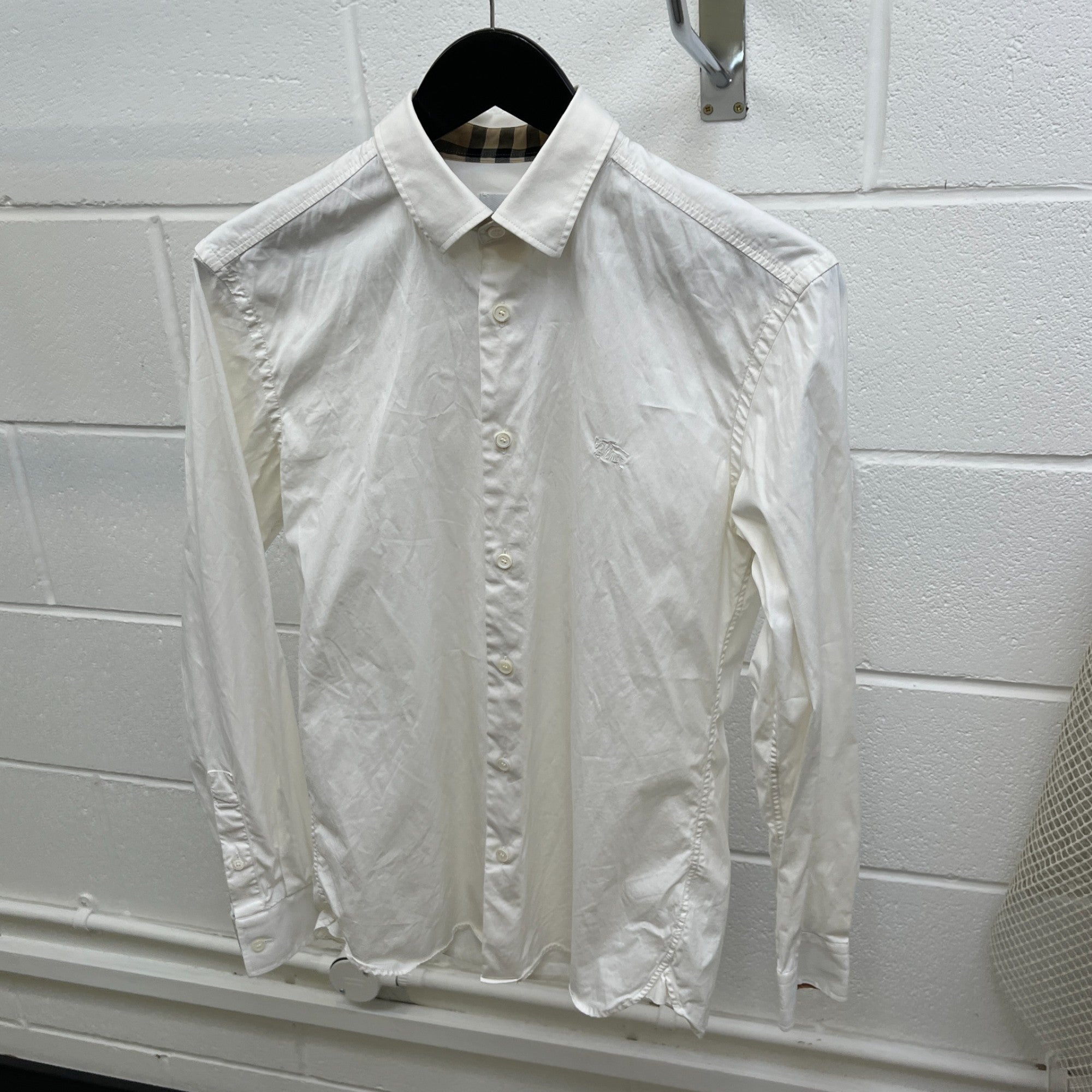 Men's Check Print Collar Long Sleeve Shirt White Size S