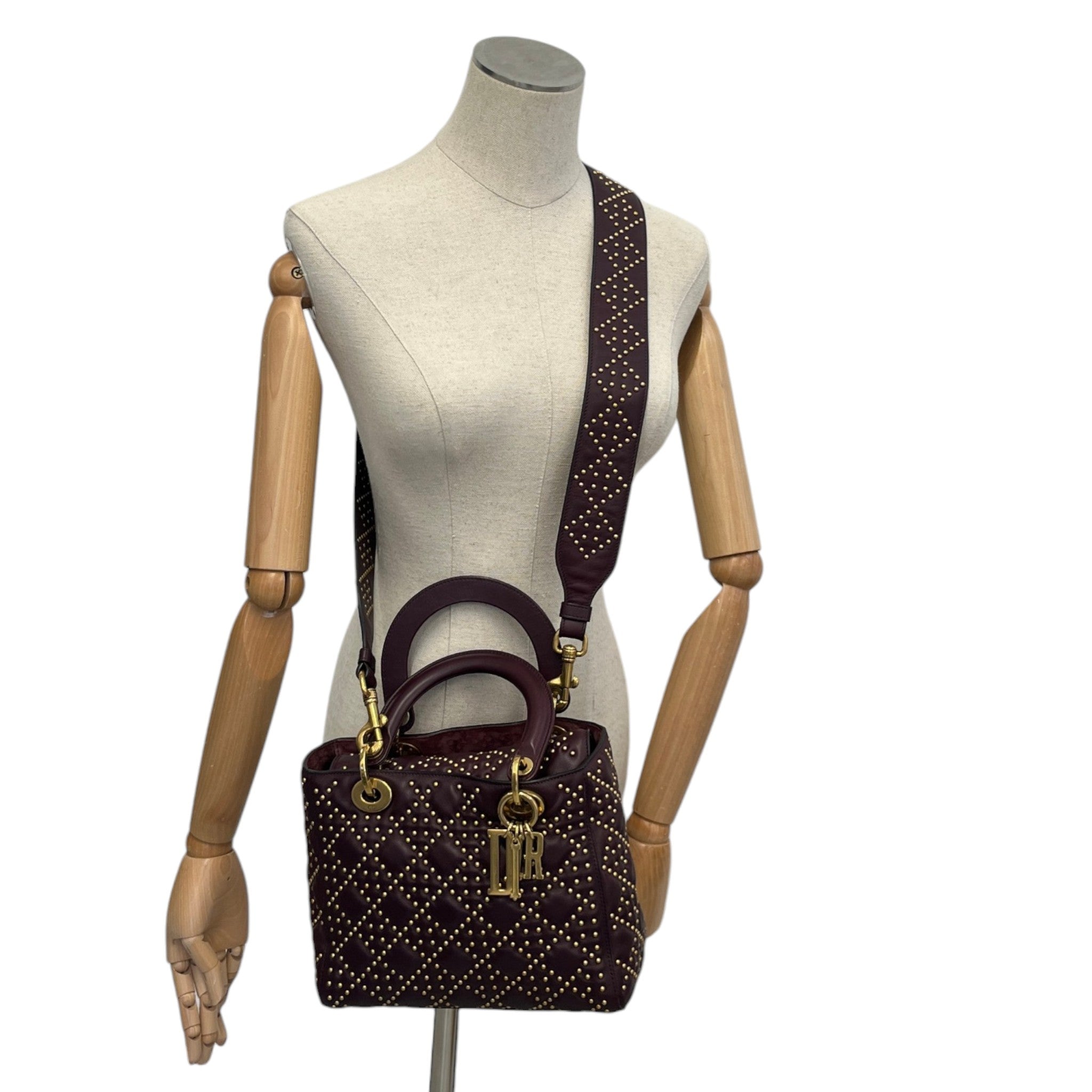 Women's Studded Cannage Lady Dior Handbag Burgundy