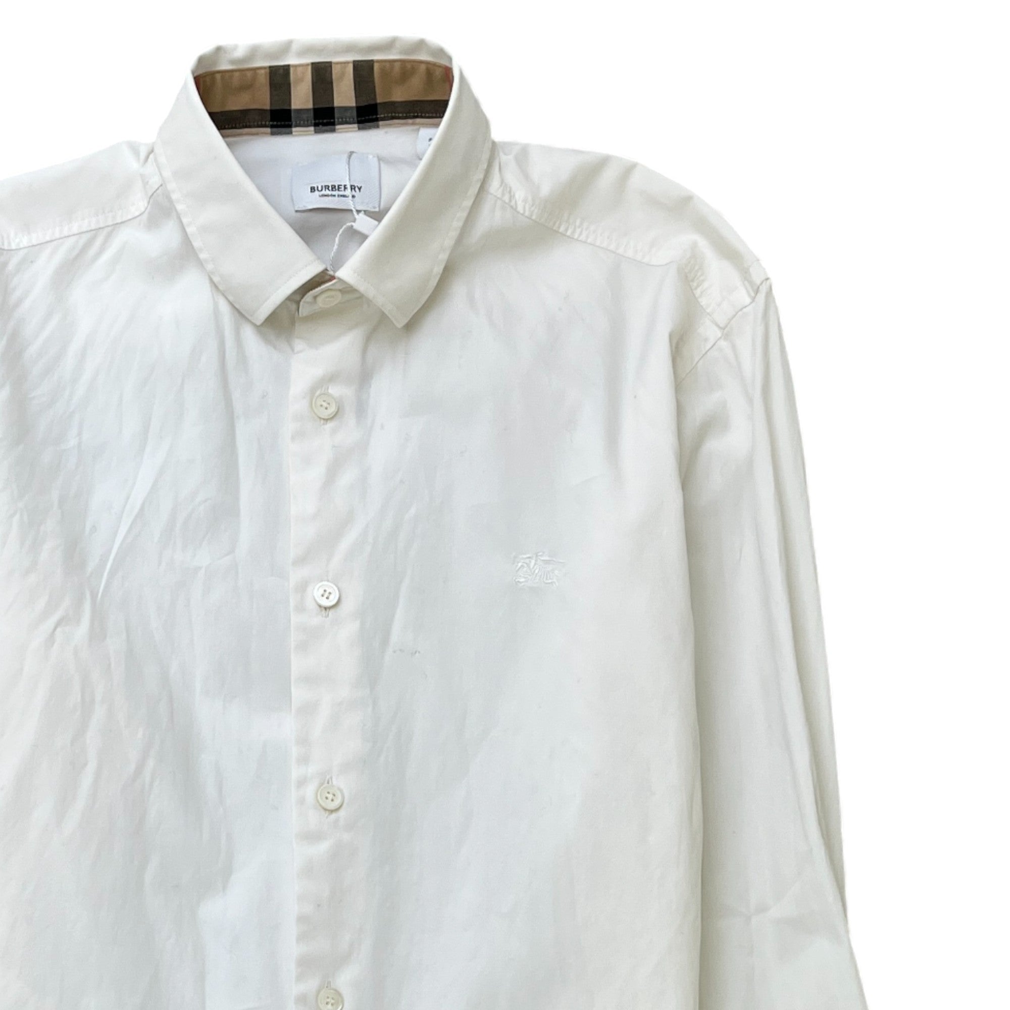 Men's Check Print Collar Long Sleeve Shirt White Size S