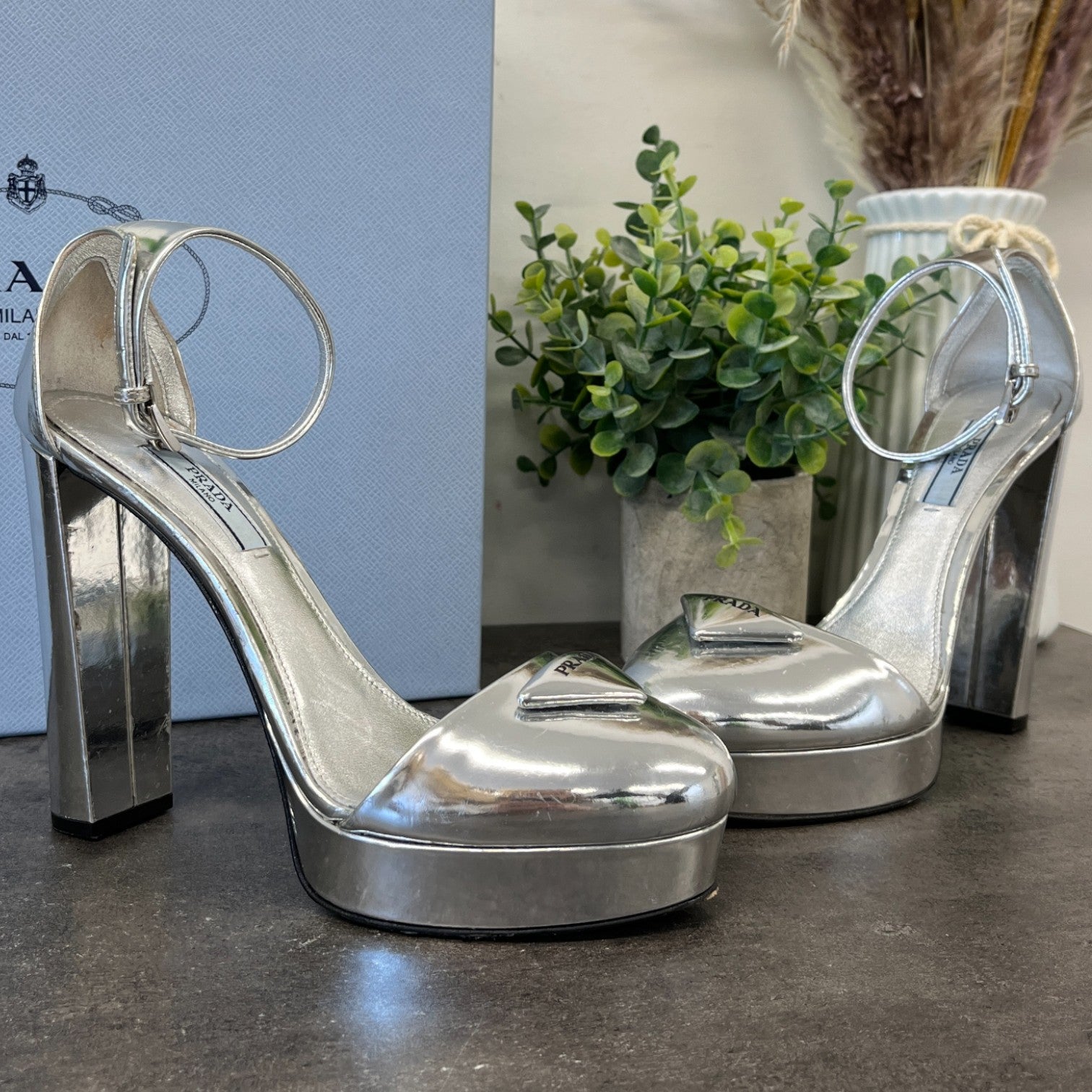 Women's Plaque Logo Platform Heels Silver Size EU 36.5 / UK 3.5