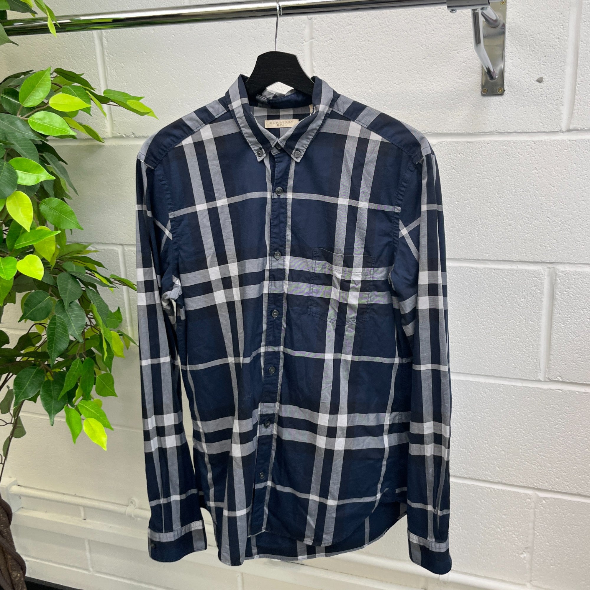 Men's Checked Long Sleeve Shirt Navy Size XS