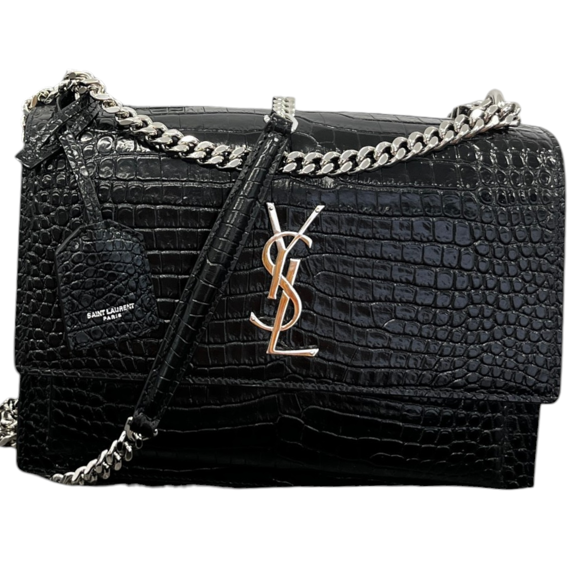 Women's Medium Sunset Croc-Embossed Shoulder Bag Black