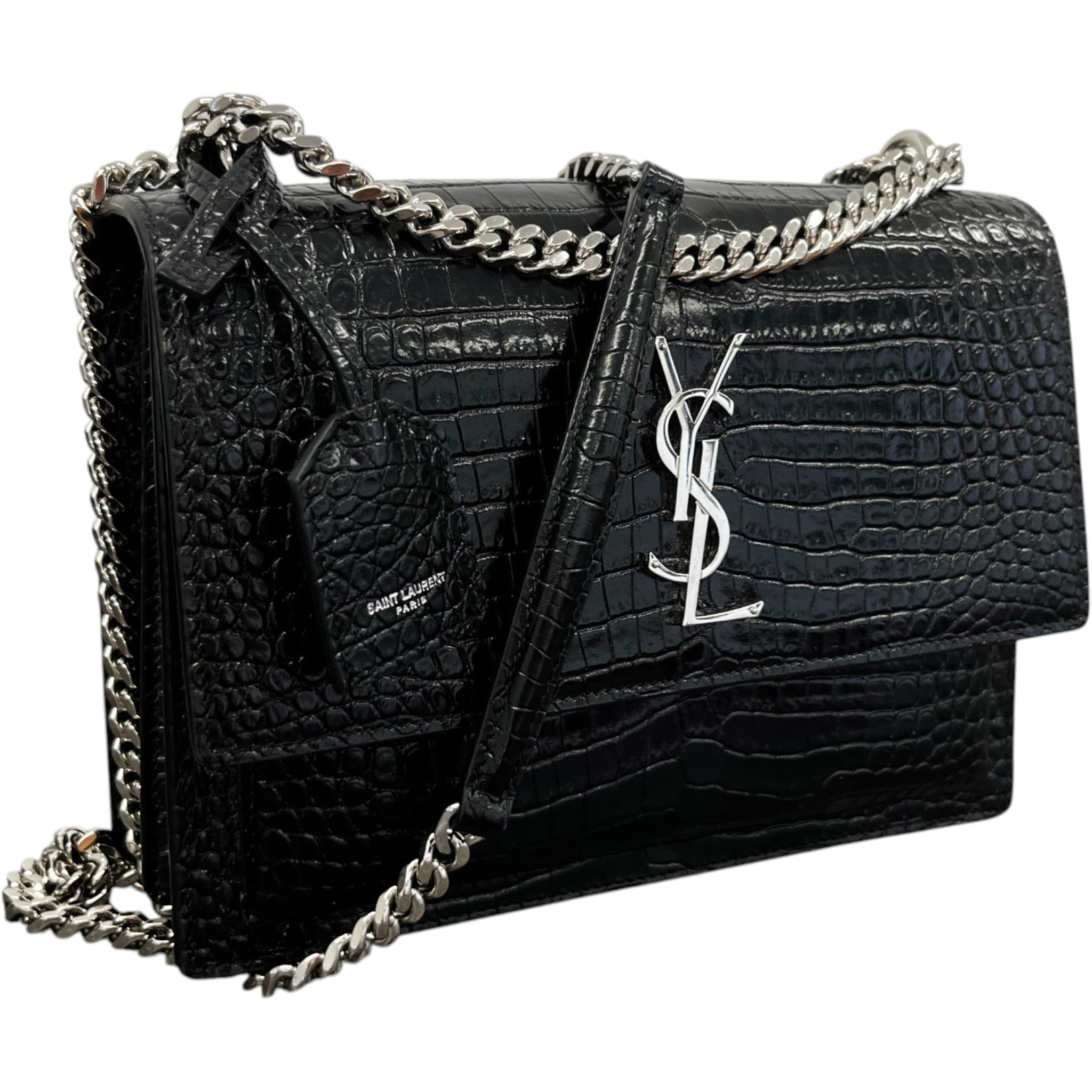 Women's Medium Sunset Croc-Embossed Shoulder Bag Black