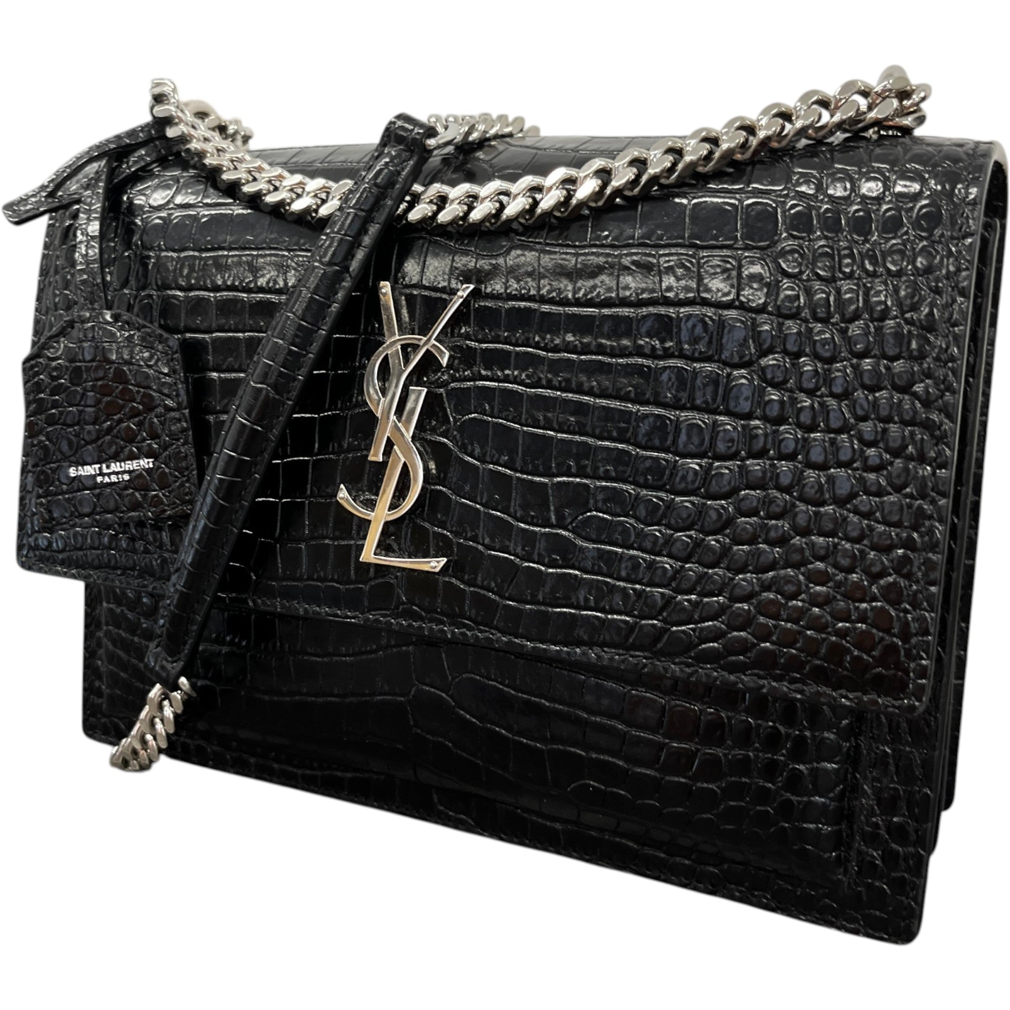 Women's Medium Sunset Croc-Embossed Shoulder Bag Black
