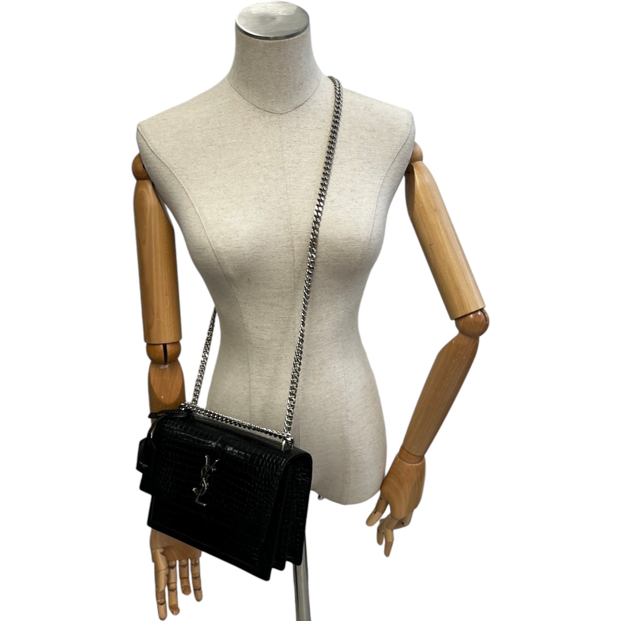 Women's Medium Sunset Croc-Embossed Shoulder Bag Black
