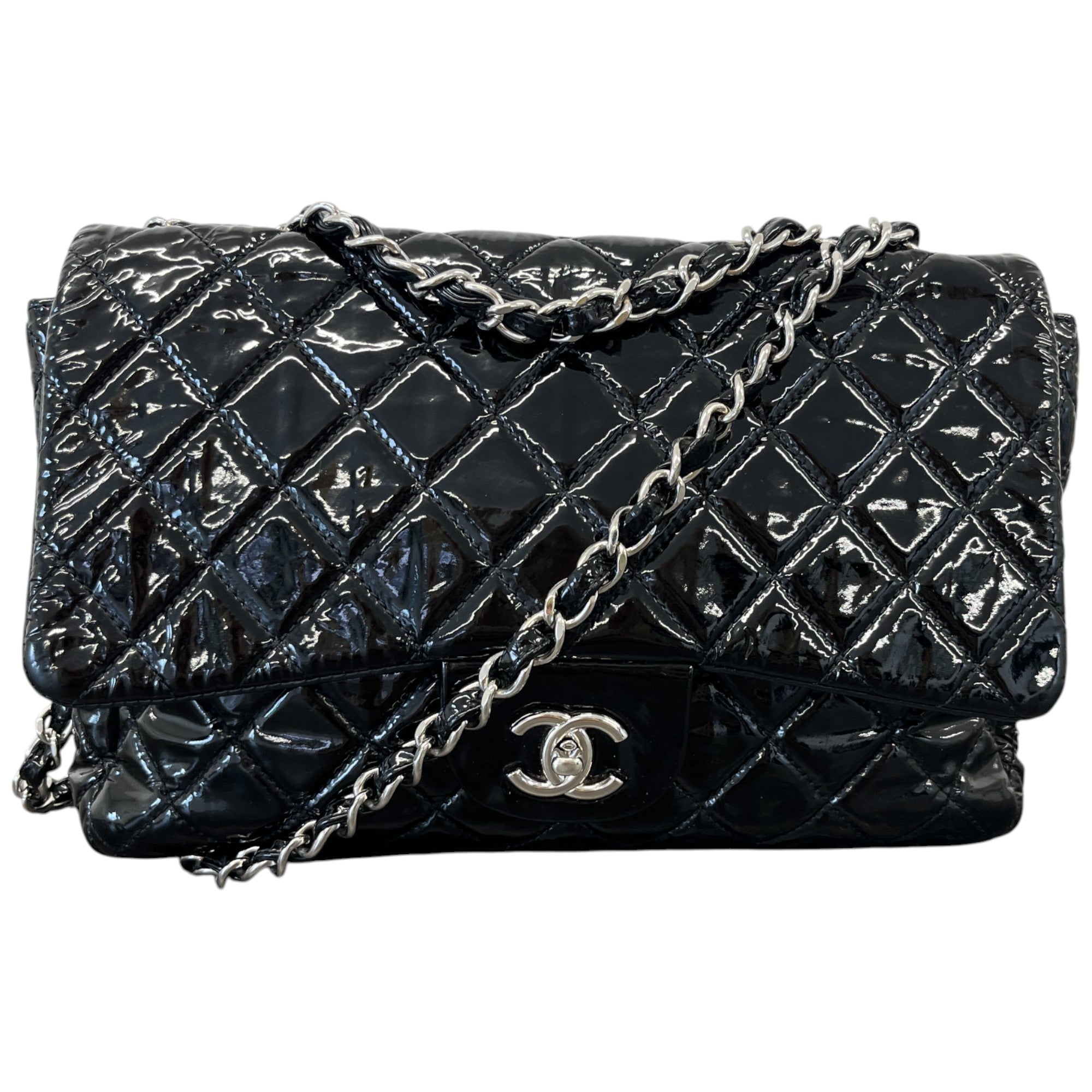 Women's Patent Single Flap Bag Black