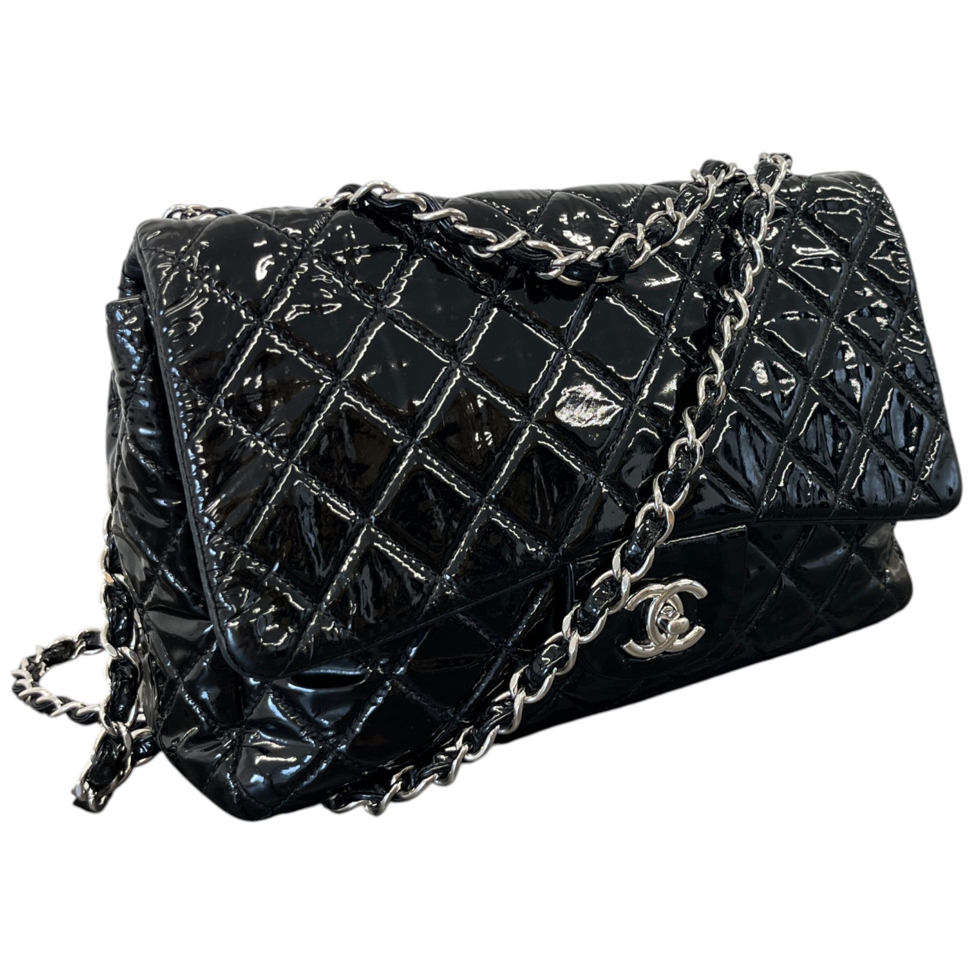 Women's Patent Single Flap Bag Black