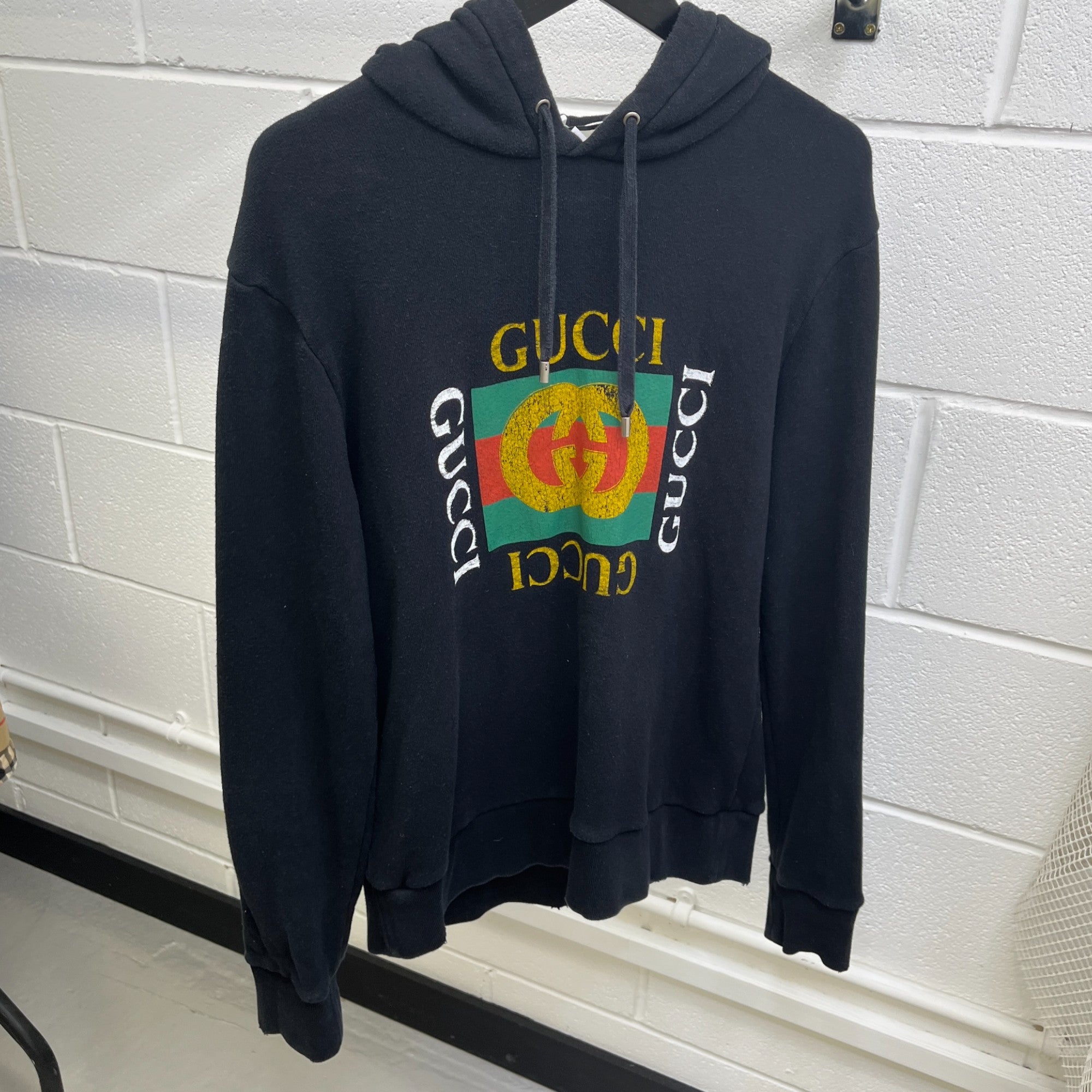 Men's Logo Print Distressed Hoodie Black Size M