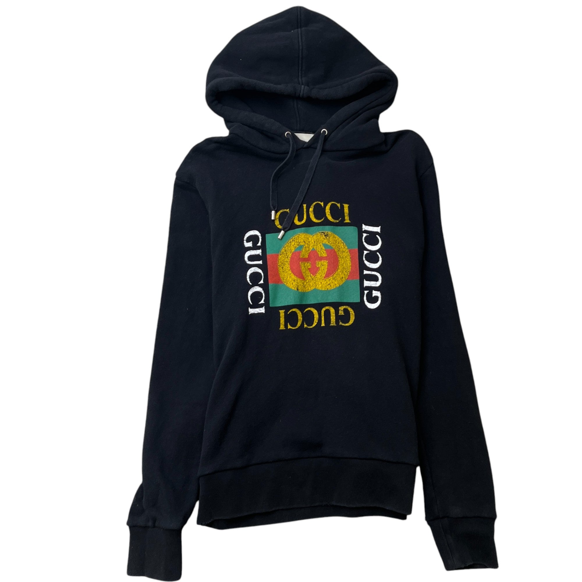 Men's Logo Print Distressed Hoodie Black Size M