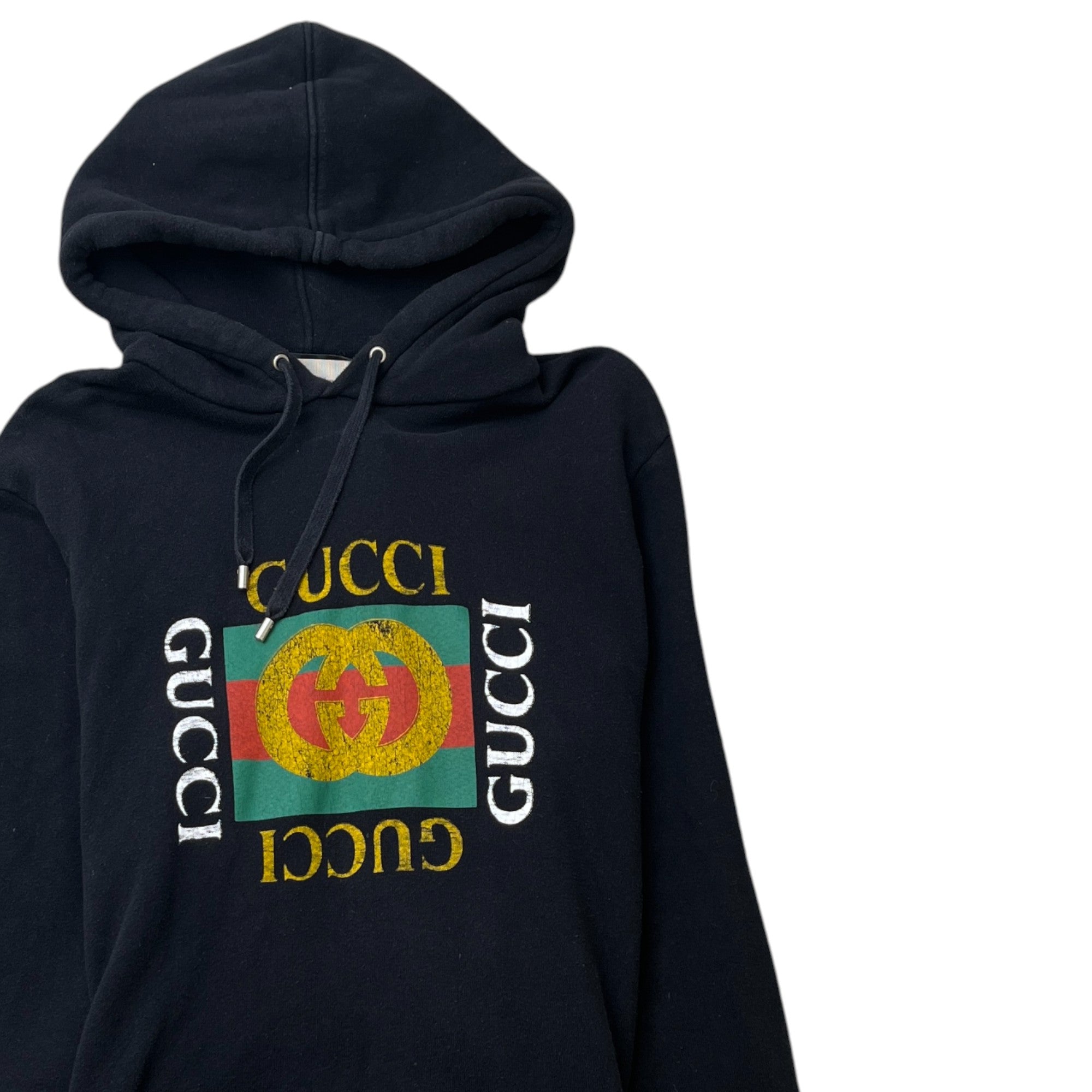 Men's Logo Print Distressed Hoodie Black Size M