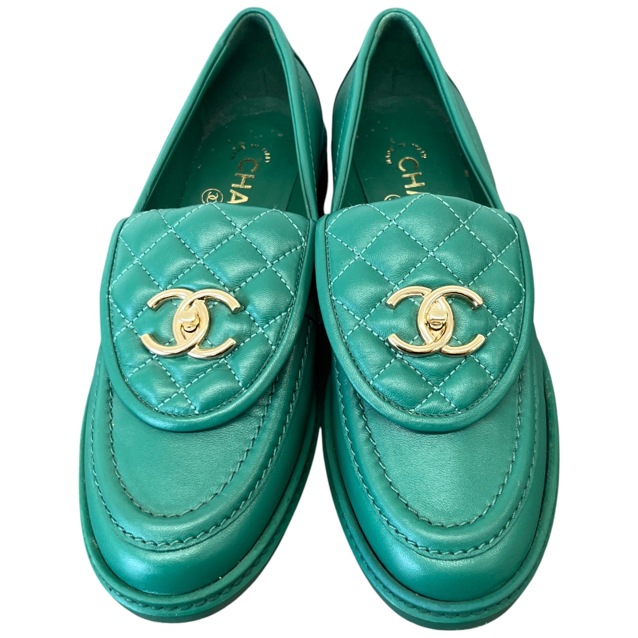 Women's Lambskin Quilted Cc Turnlock Loafers Green Size EU 37 / UK 4