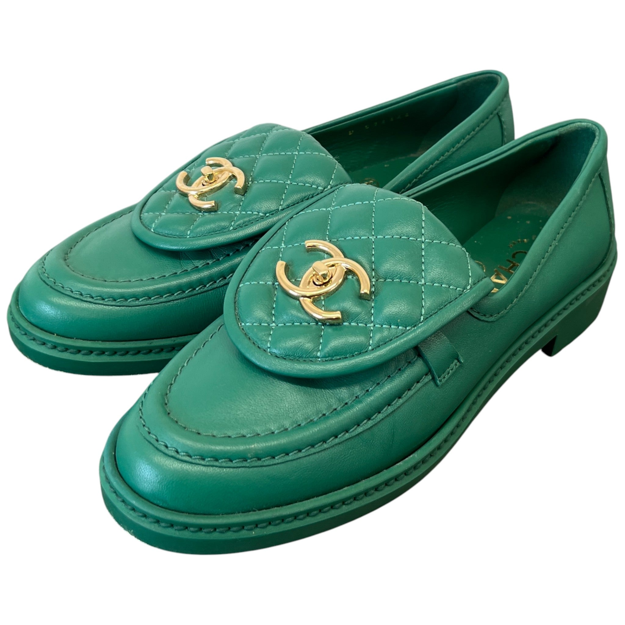 Women's Lambskin Quilted Cc Turnlock Loafers Green Size EU 37 / UK 4