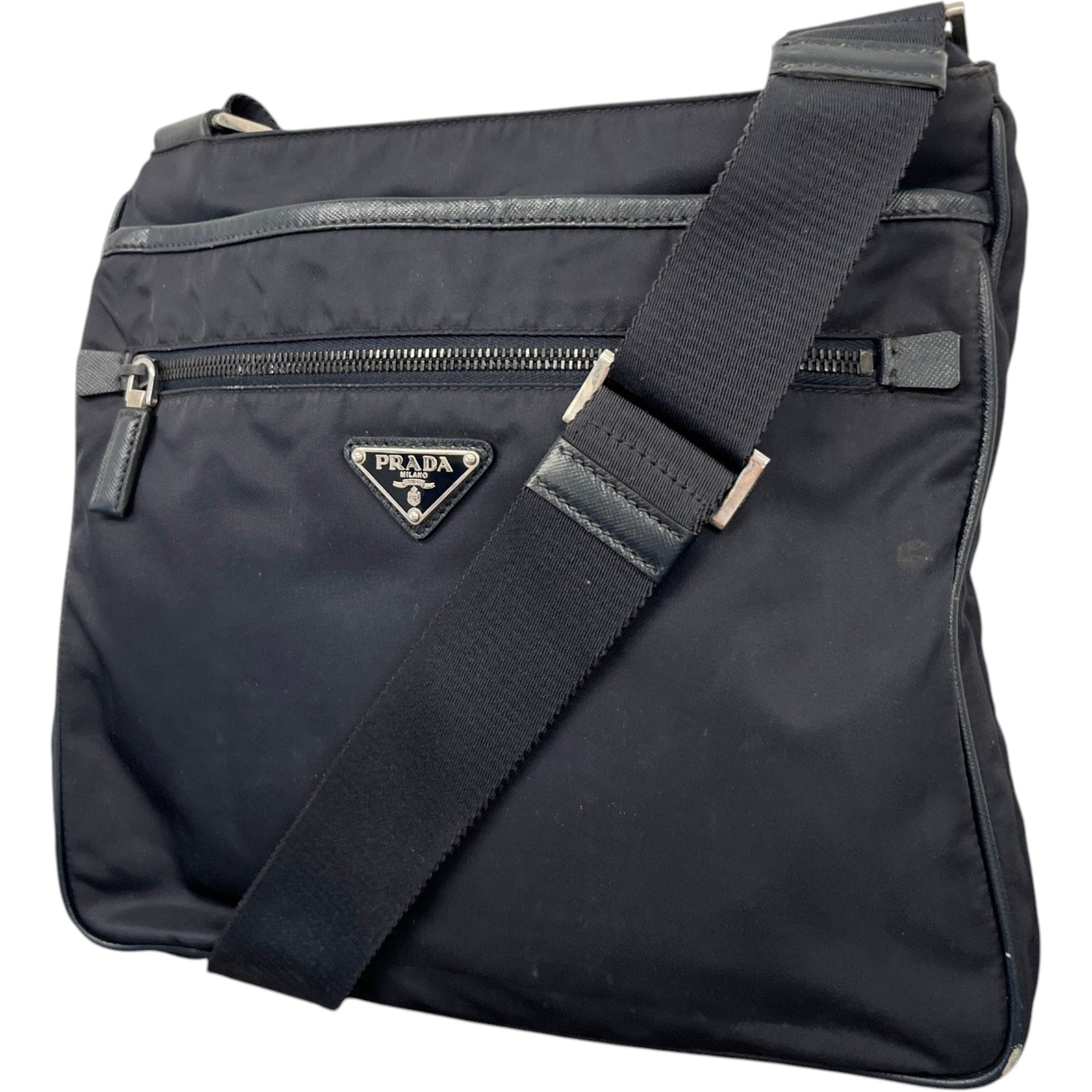 Men's Re-Nylon Plaque Logo Messenger Bag Navy
