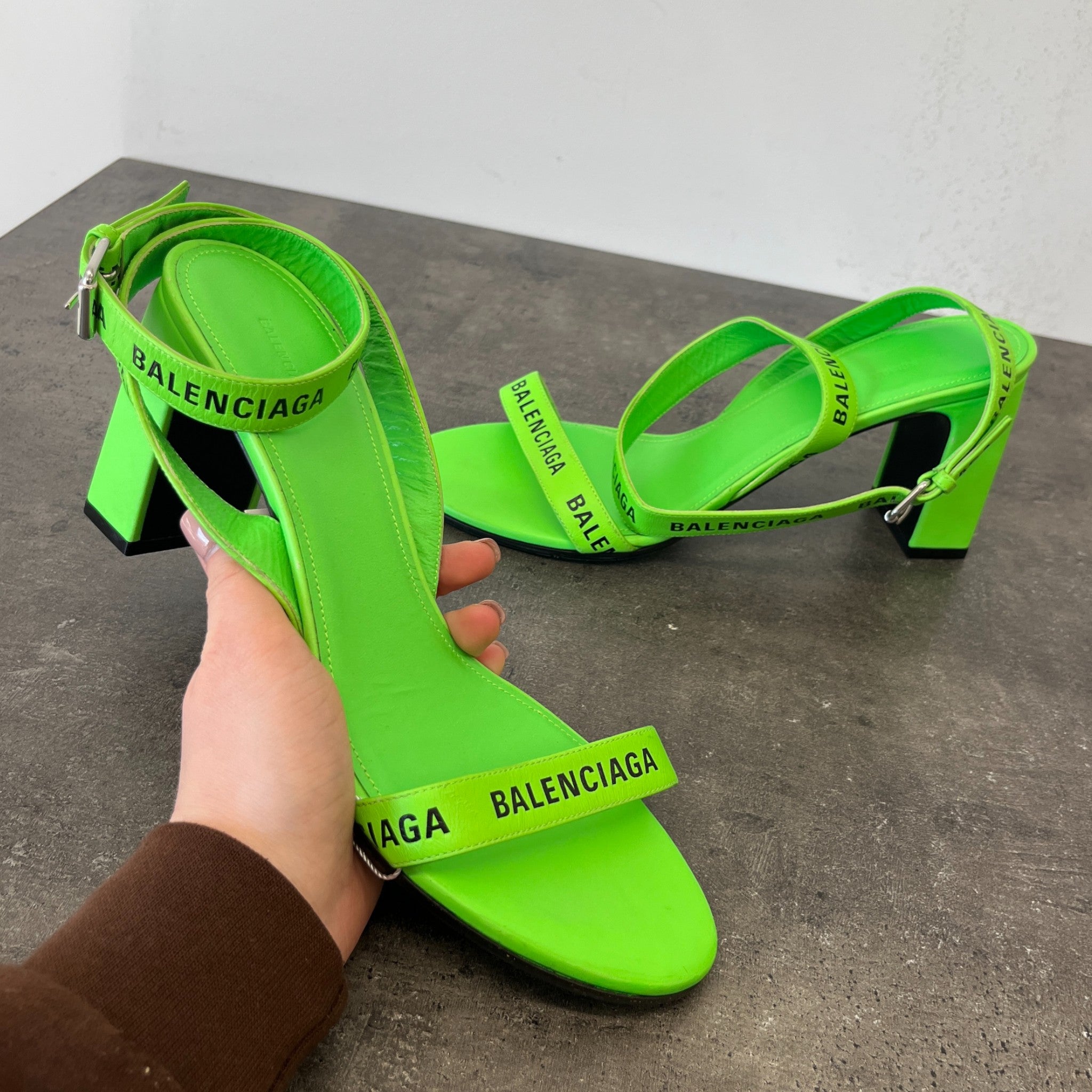 Women's Neon Allover Logo Ankle Strap Heels Green Size EU 40 / UK 7