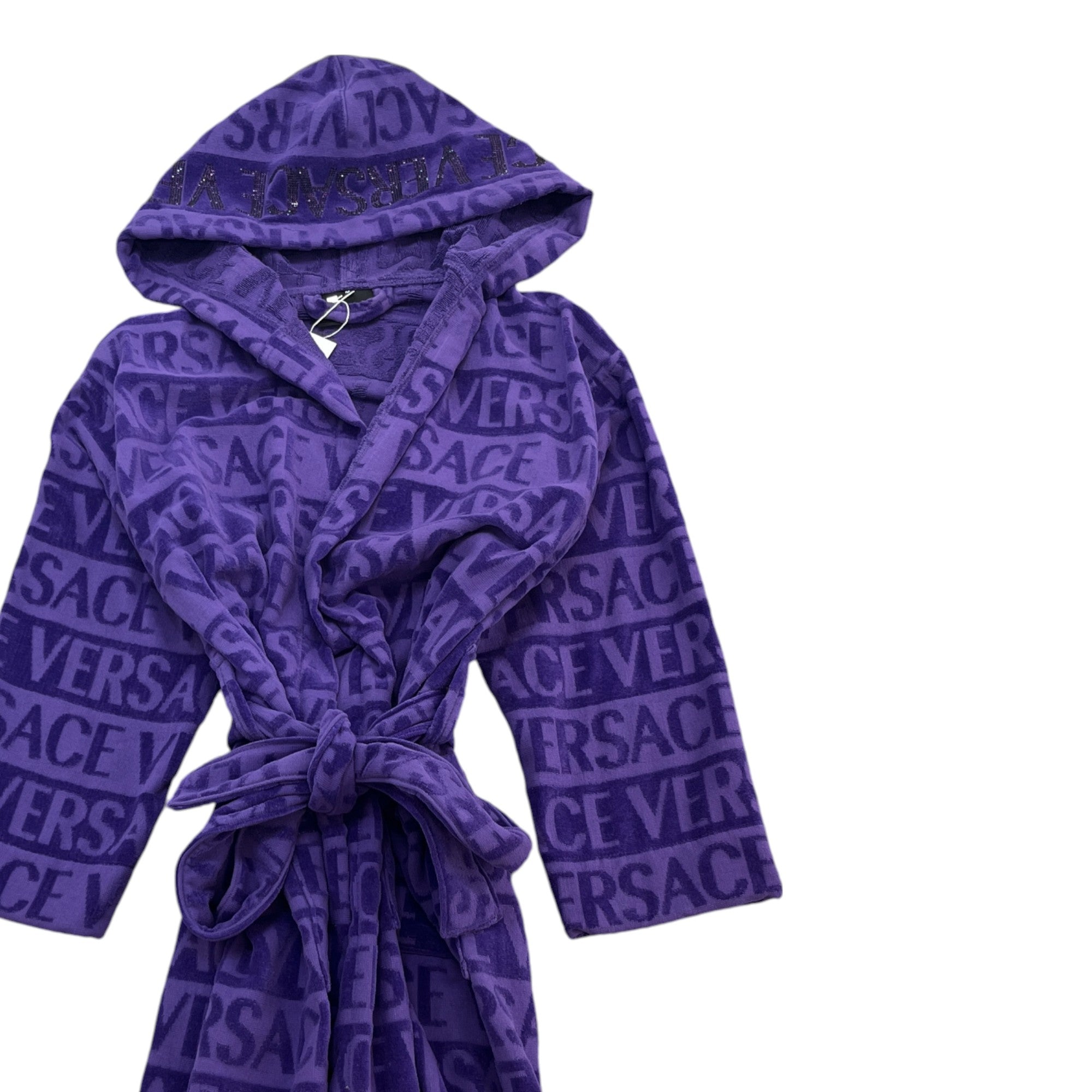 Men's Rhinestone Logo Hooded Bath Robe Purple Size M