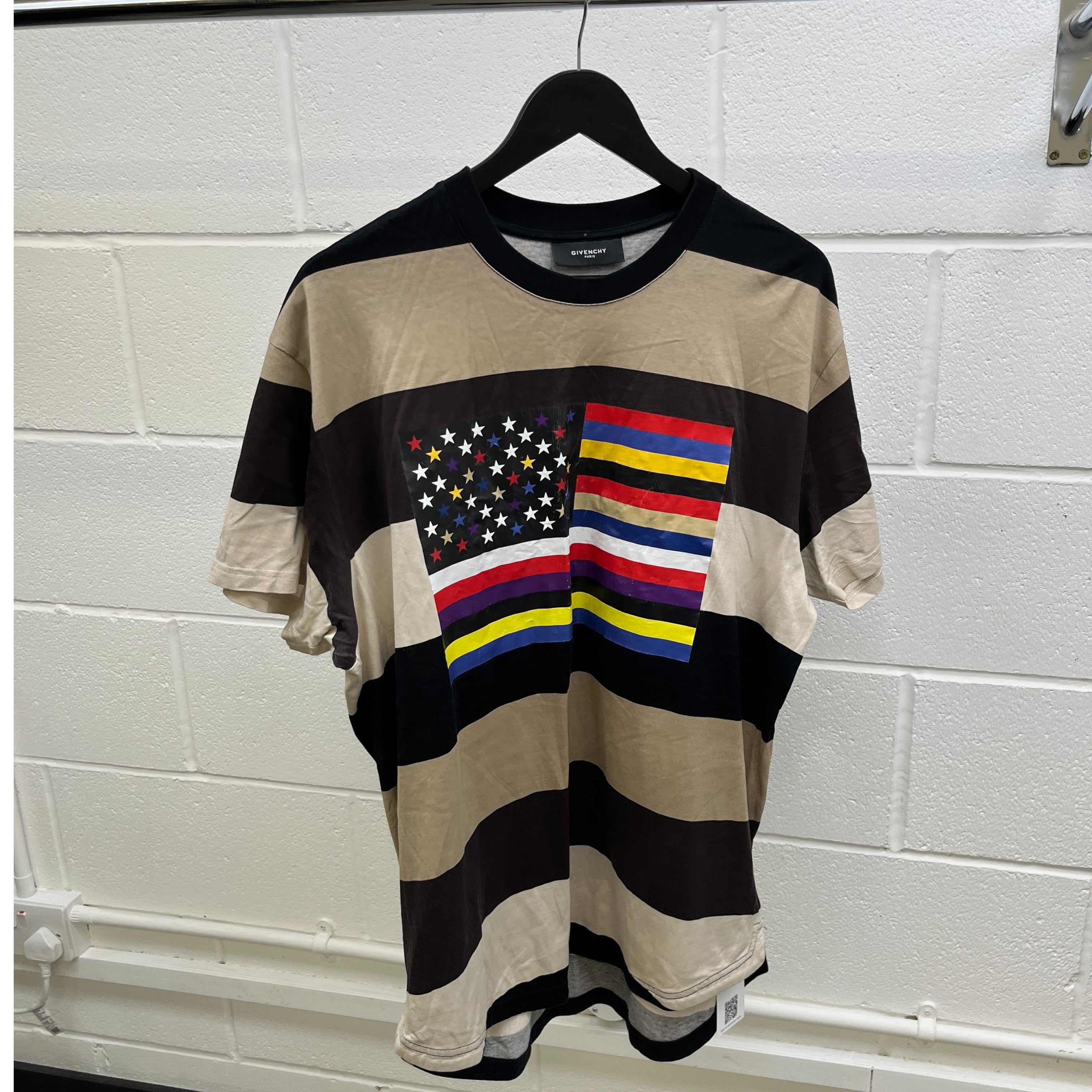 Men's Striped Flag Print T-Shirt Beige Size XS