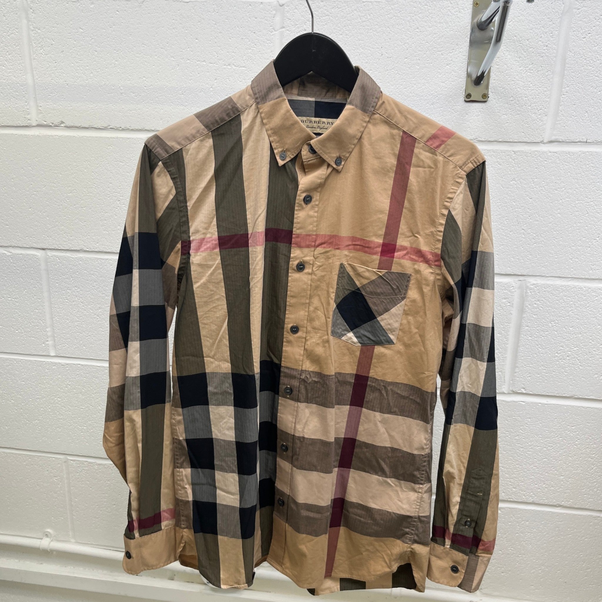Men's Checkered Long Sleeve Shirt Beige Size M