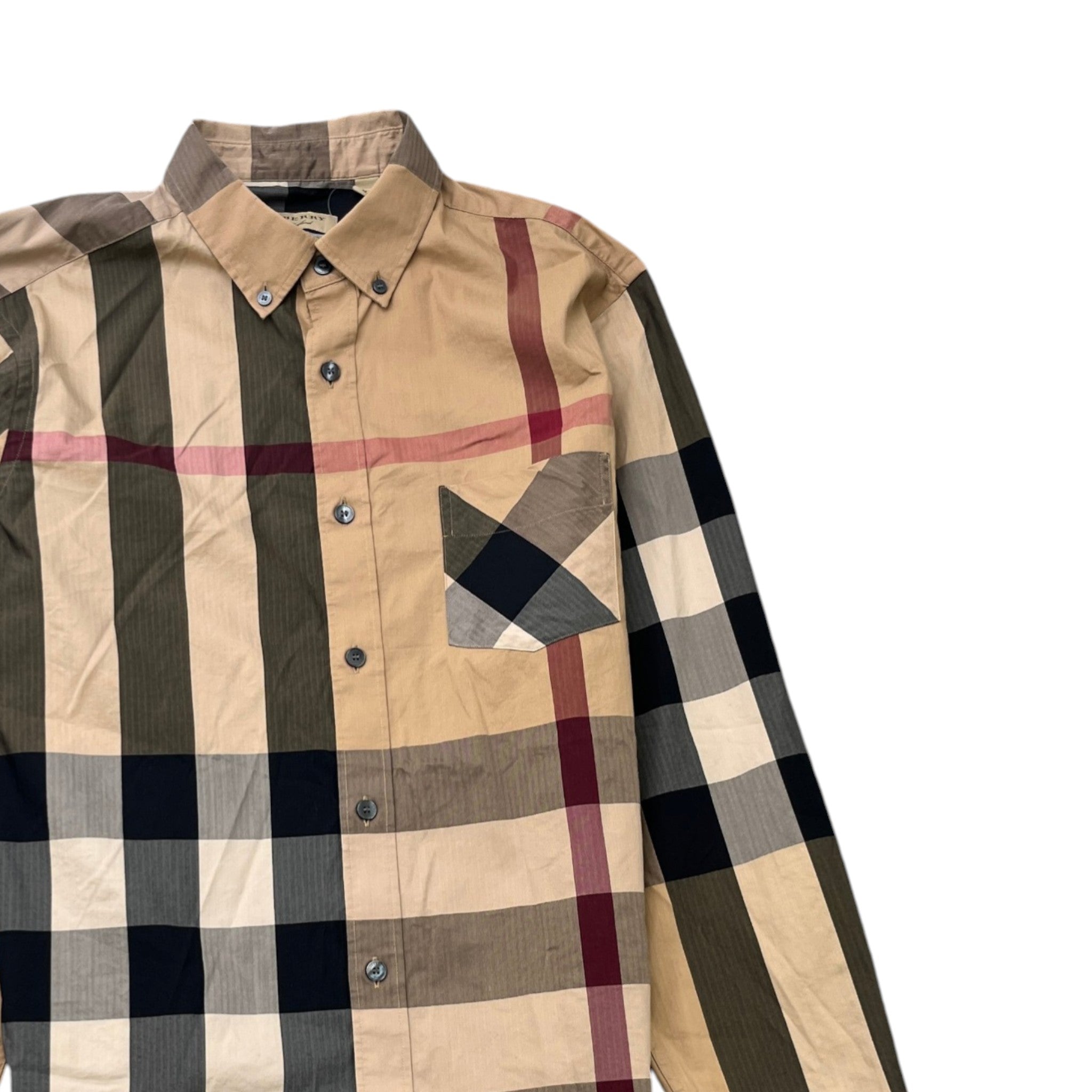 Men's Checkered Long Sleeve Shirt Beige Size M