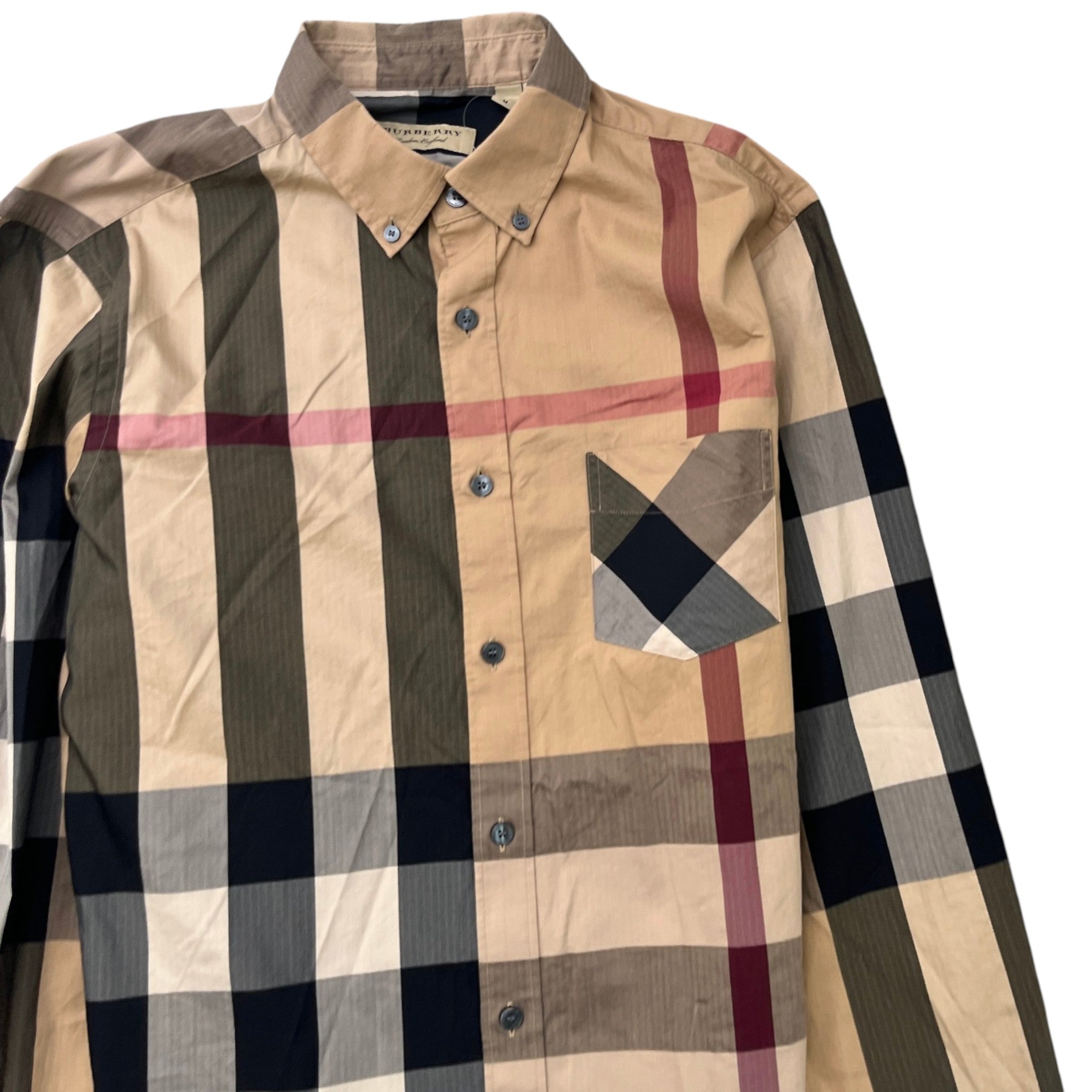 Men's Checkered Long Sleeve Shirt Beige Size M