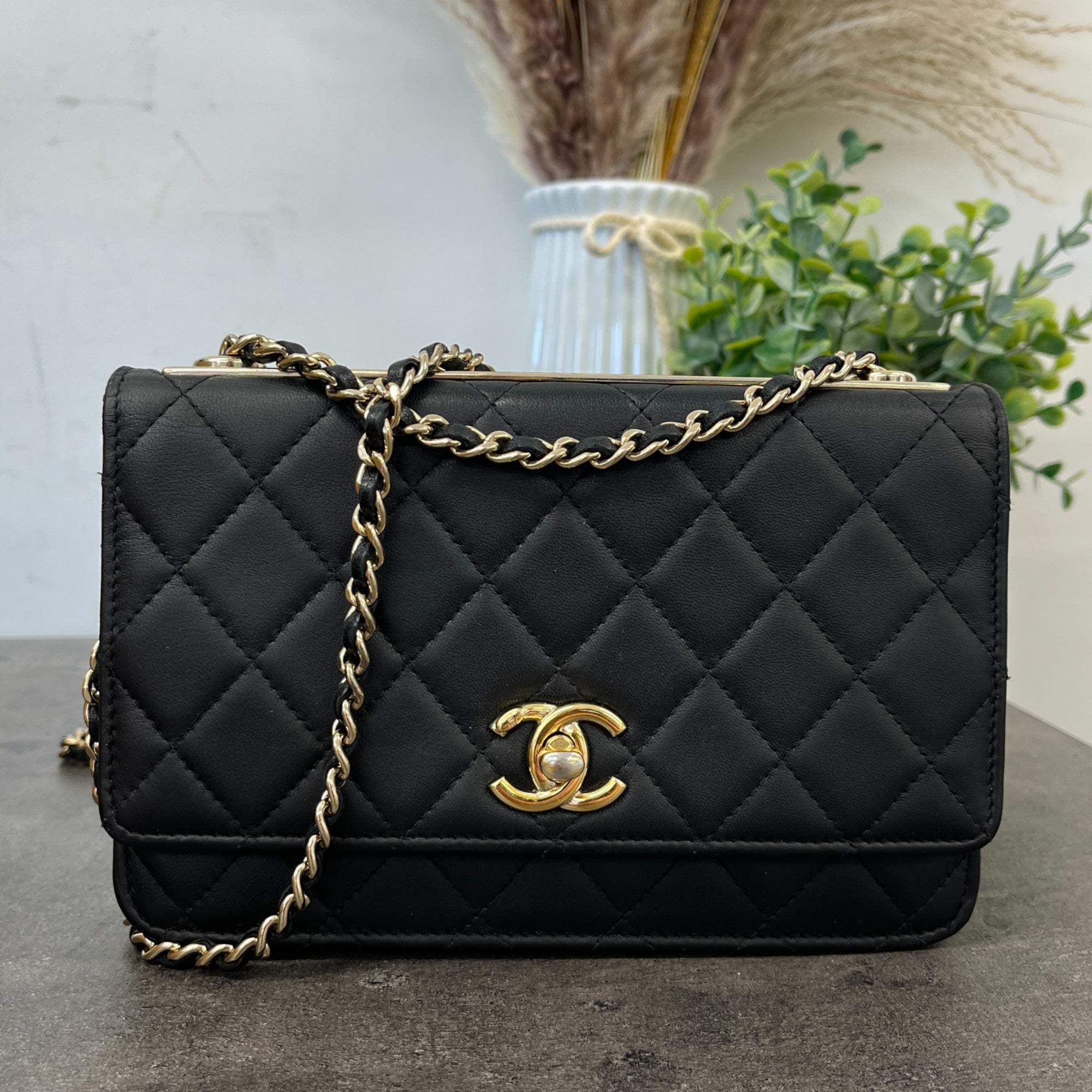 Women's Trendy Woc Wallet On Chain Lambskin Bag Black