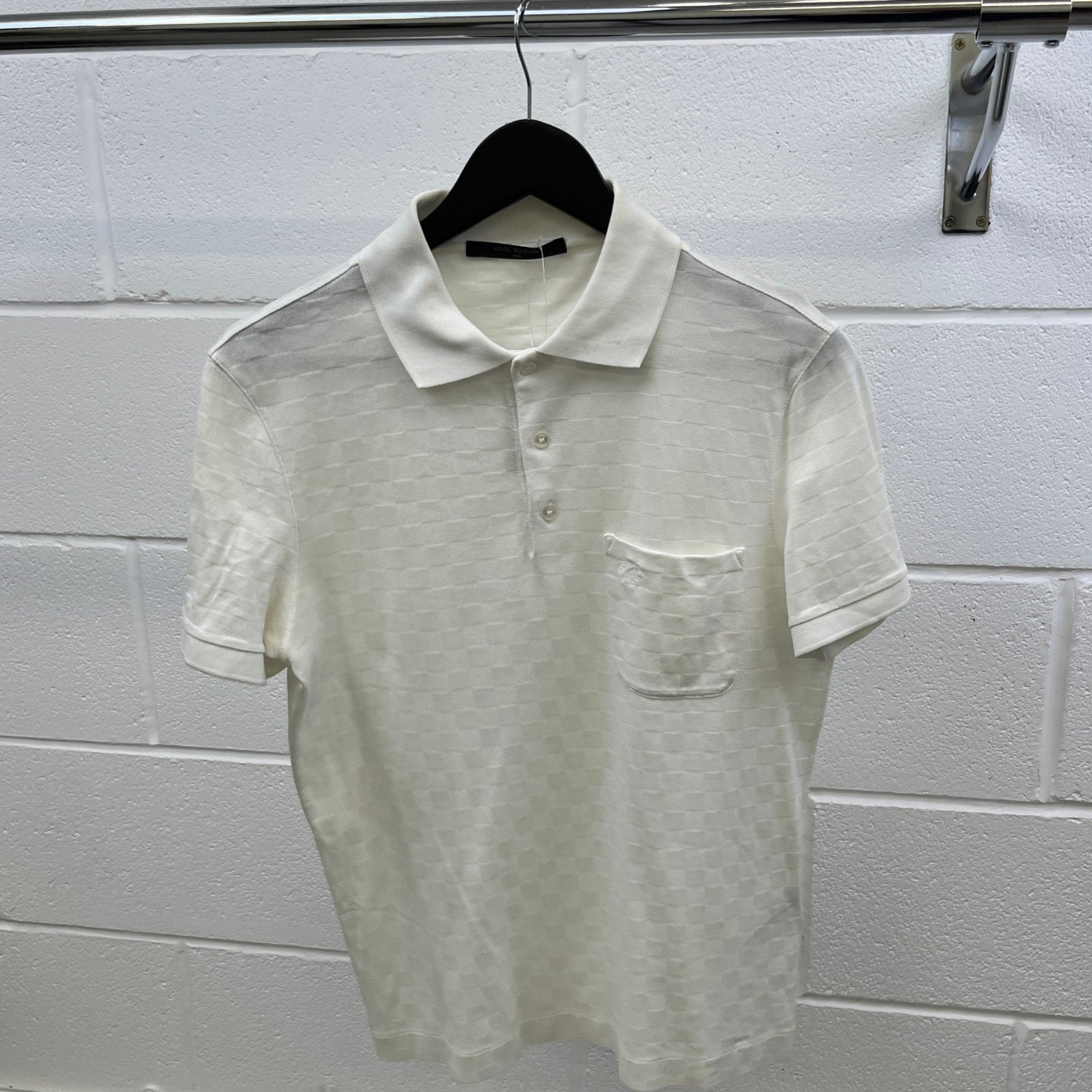 Men's Embroidered Damier Logo Polo Shirt White Size S