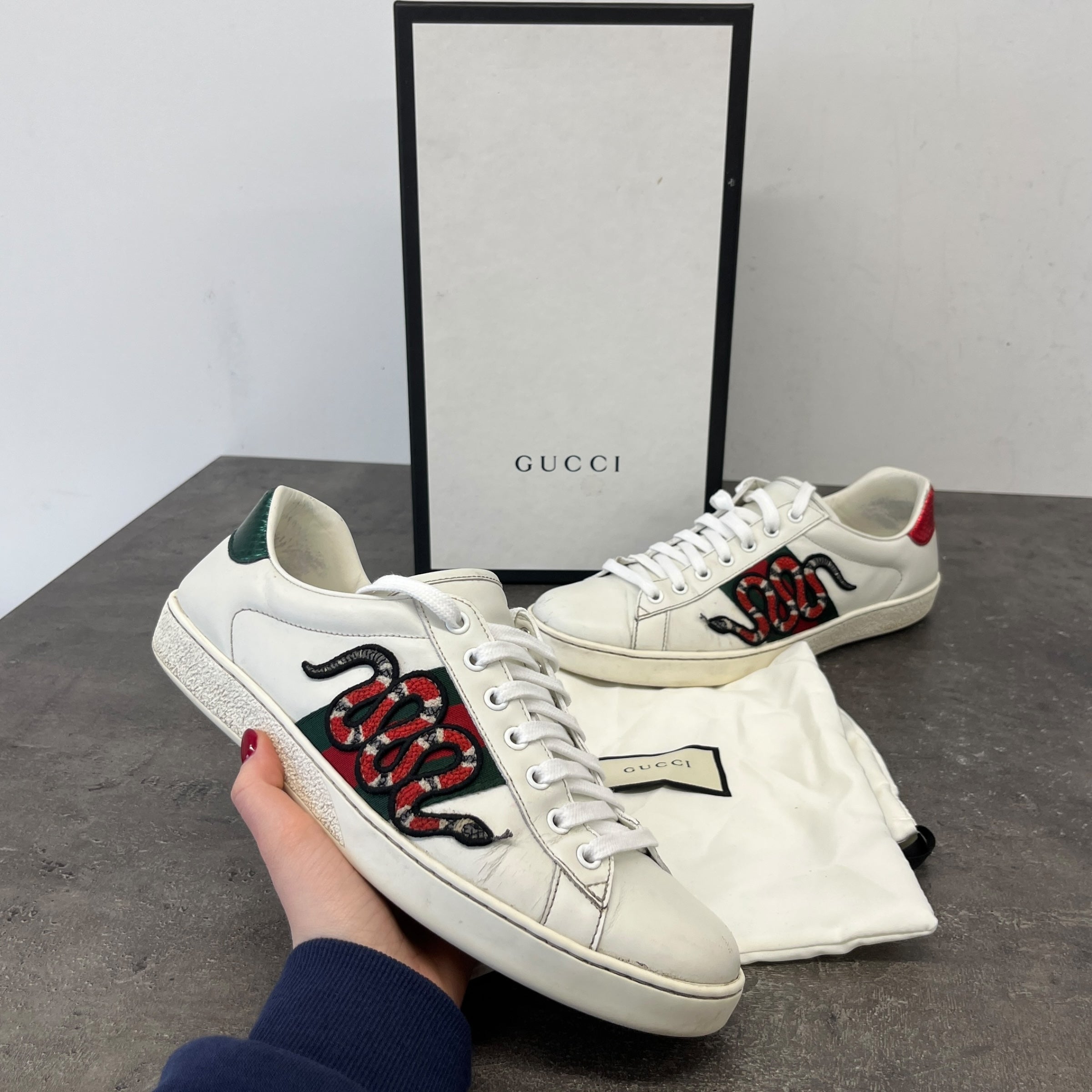 Men's Ace Embroidered Snake Low Trainers White Size EU 42.5 / UK 8.5