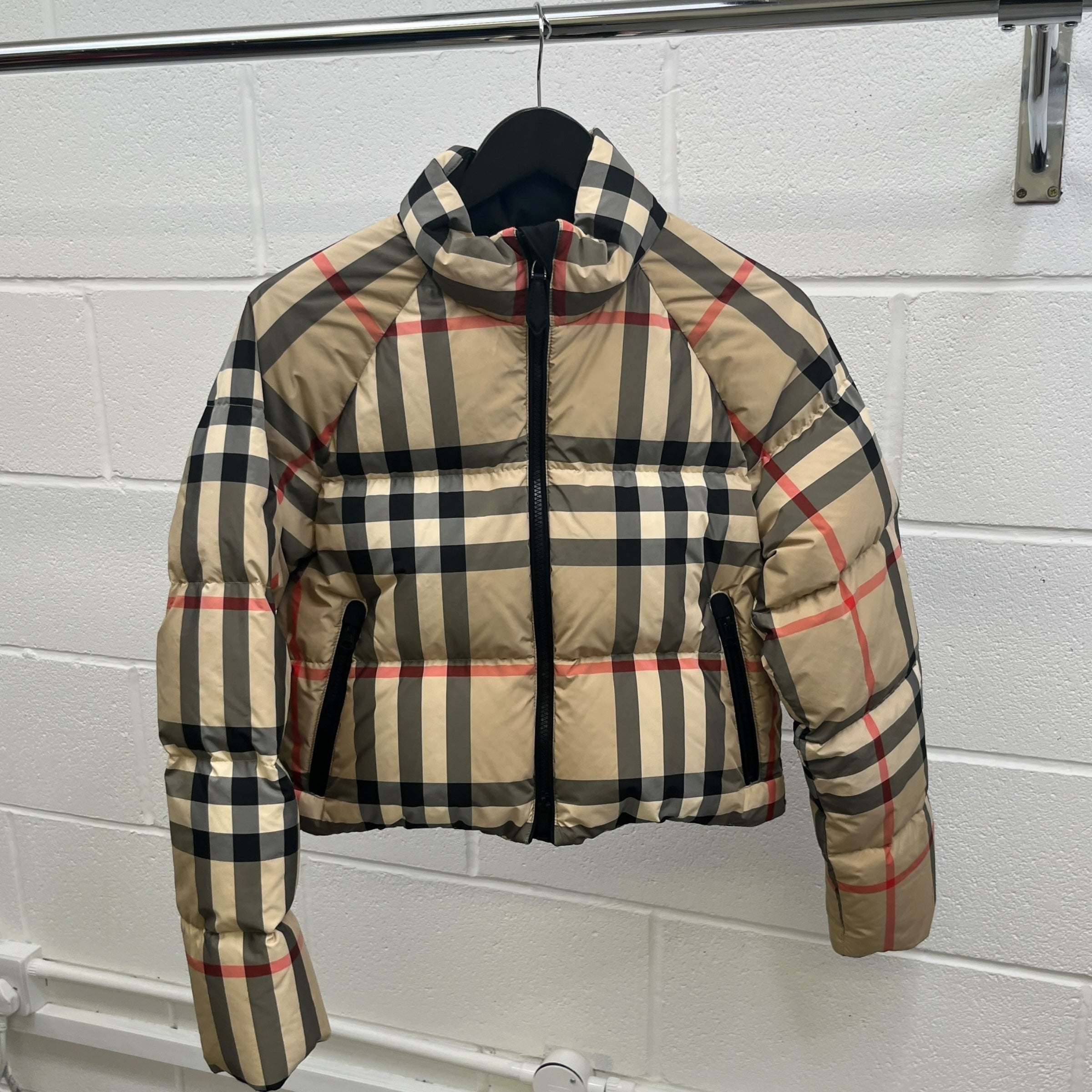 Women's Check Cropped Down Jacket Beige Size XS