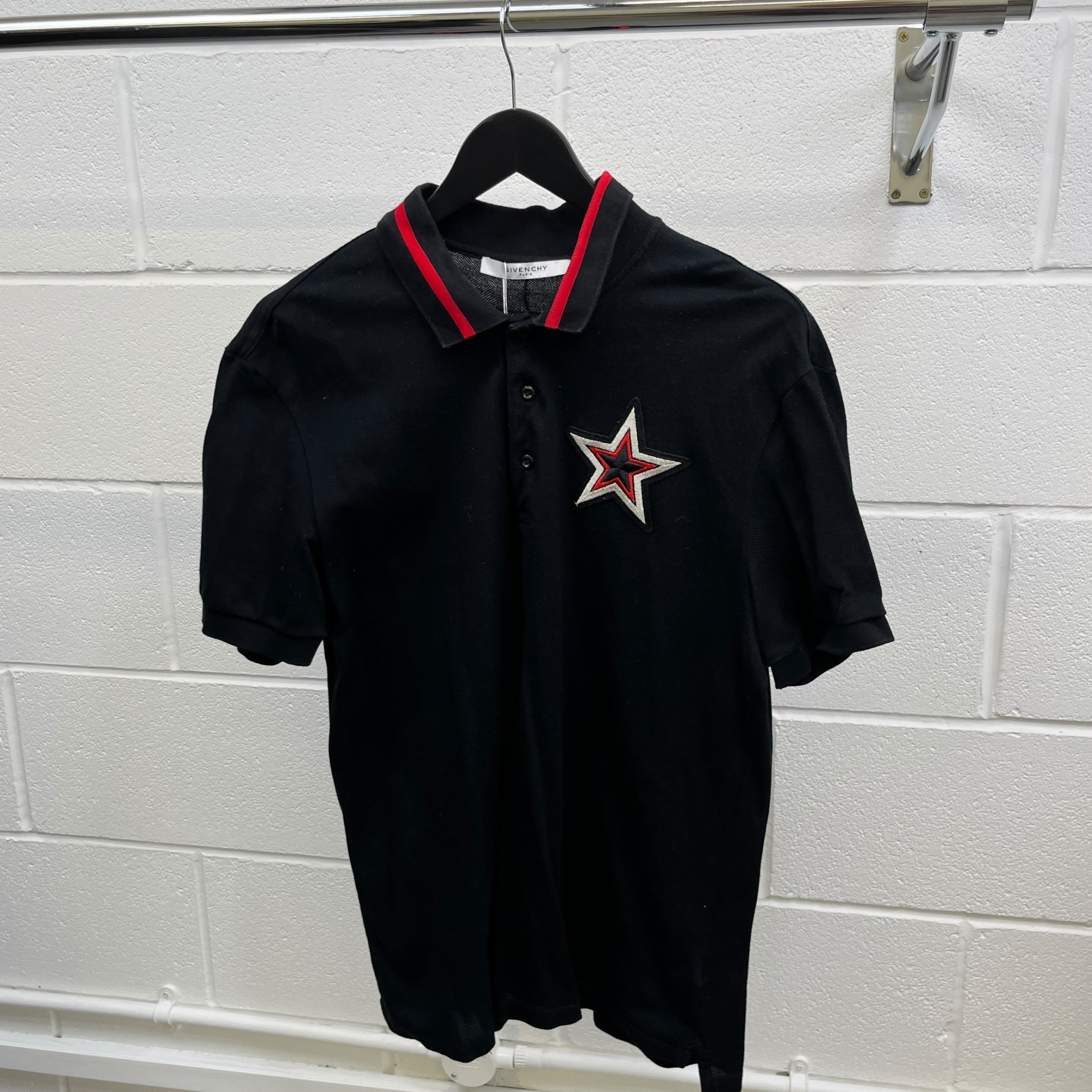 Men's Embroidered Star Polo Shirt Black Size XL