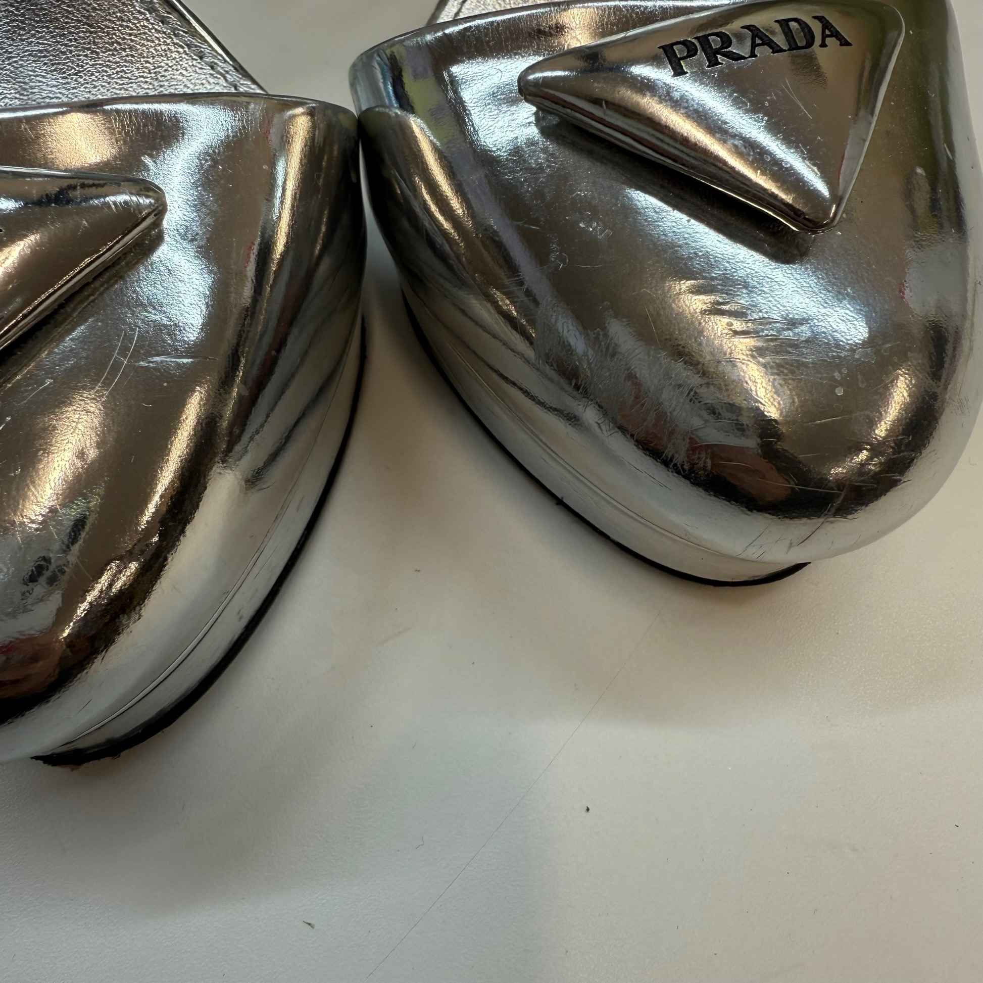Women's Plaque Logo Platform Heels Silver Size EU 36.5 / UK 3.5