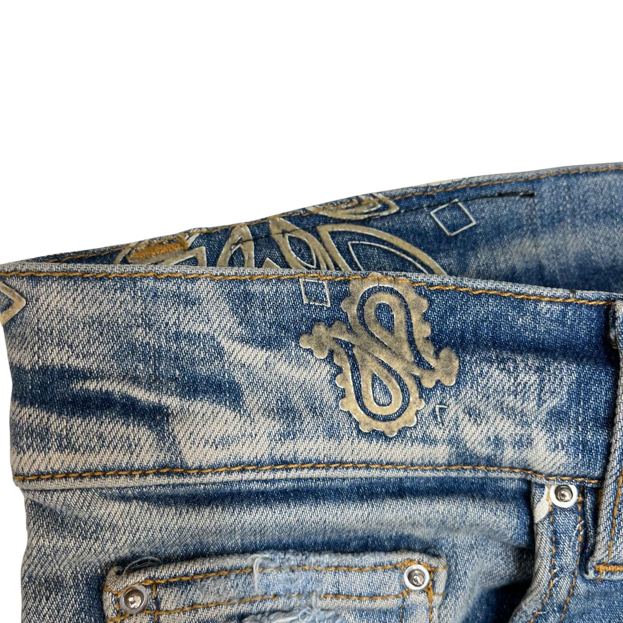 Men's Flocked Paisley Bandana Jeans Blue Size Waist 33"