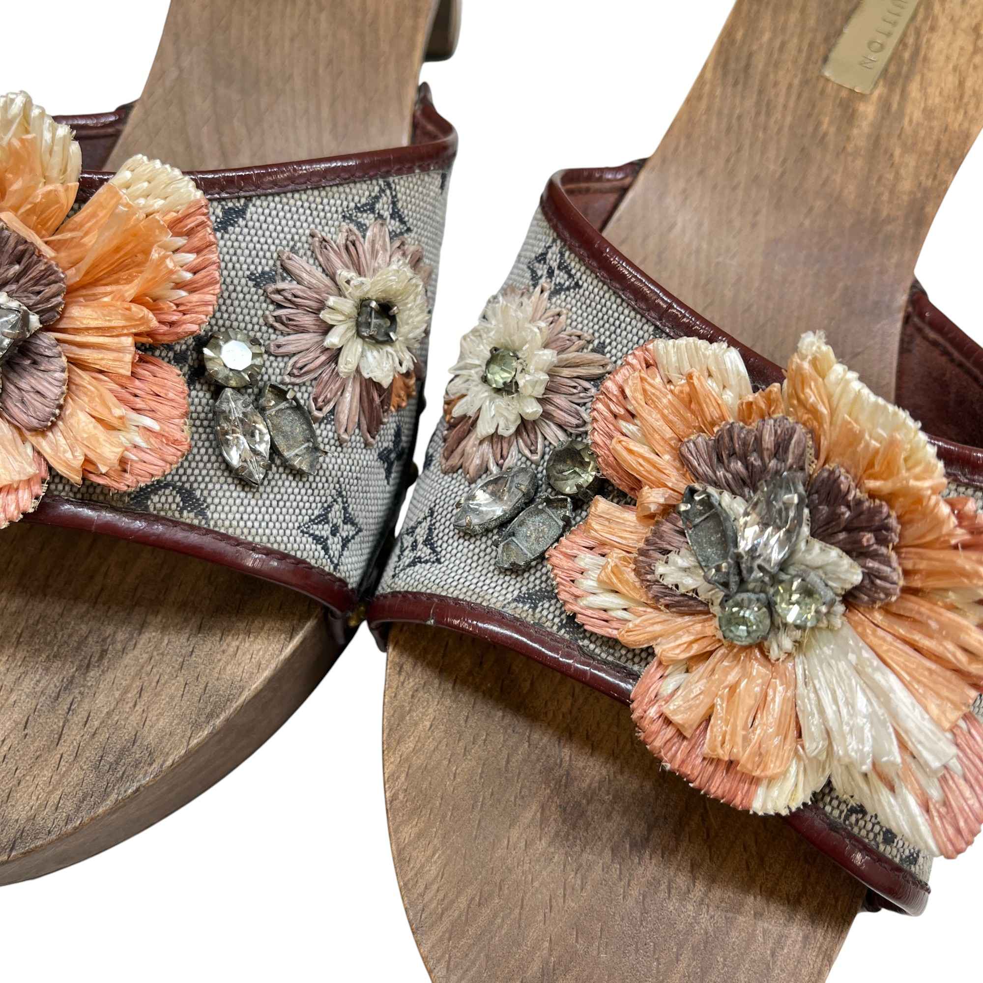 Women's Monogram Mini Lin Raffia Flower Wooden Mules Brown Size EU 39.5 / UK 6.5