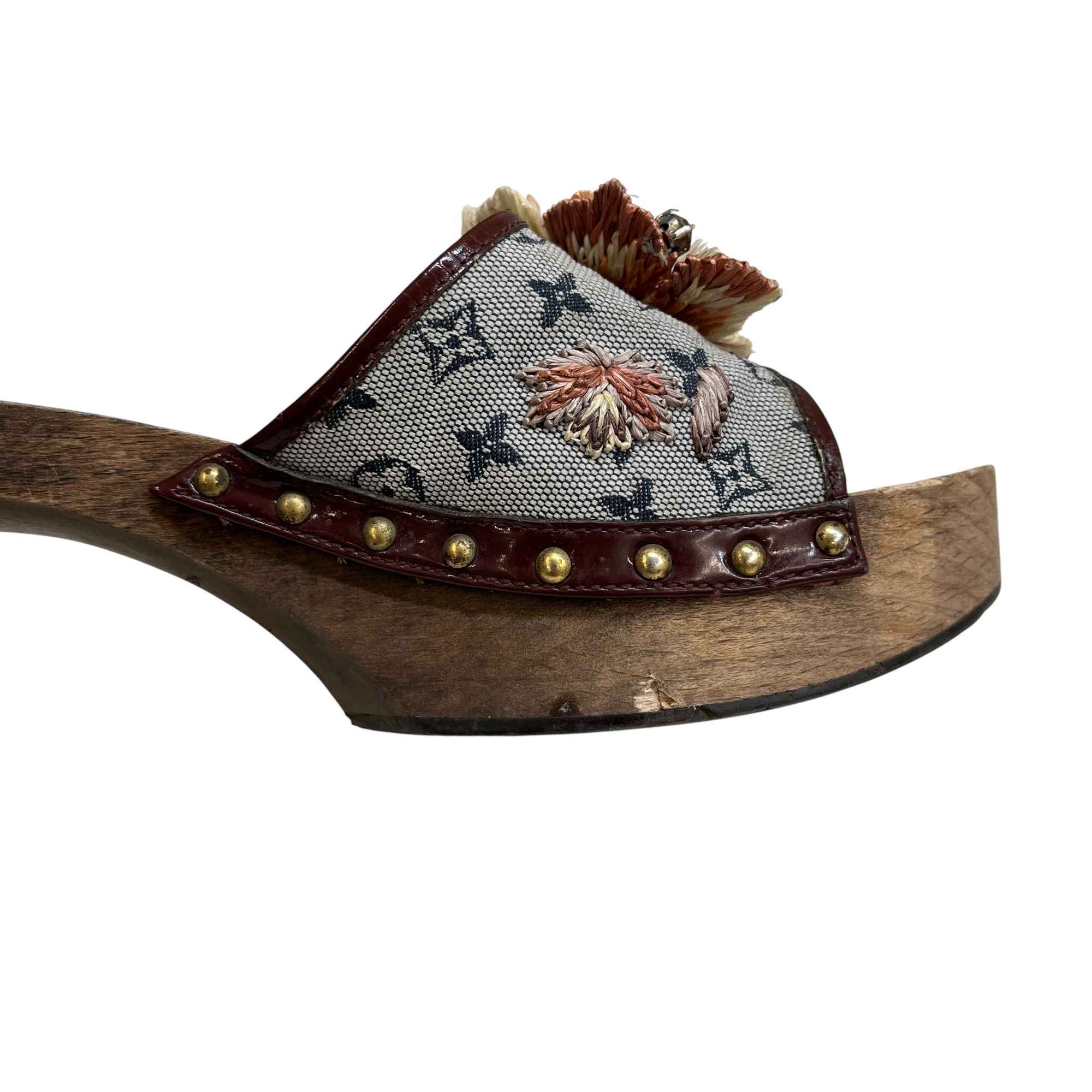 Women's Monogram Mini Lin Raffia Flower Wooden Mules Brown Size EU 39.5 / UK 6.5