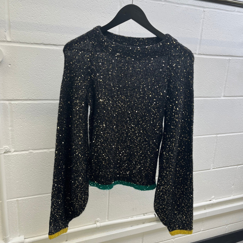 Women's Sequin Balloon Sleeve Jumper Black Size S