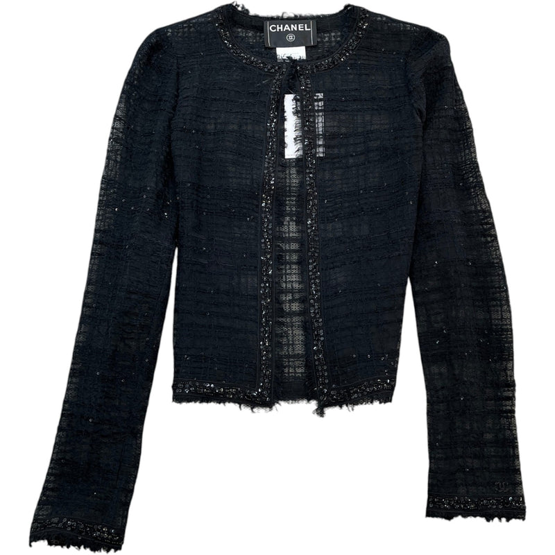 Women's Sheer Tweed Embellished Jacket Black Size XXS