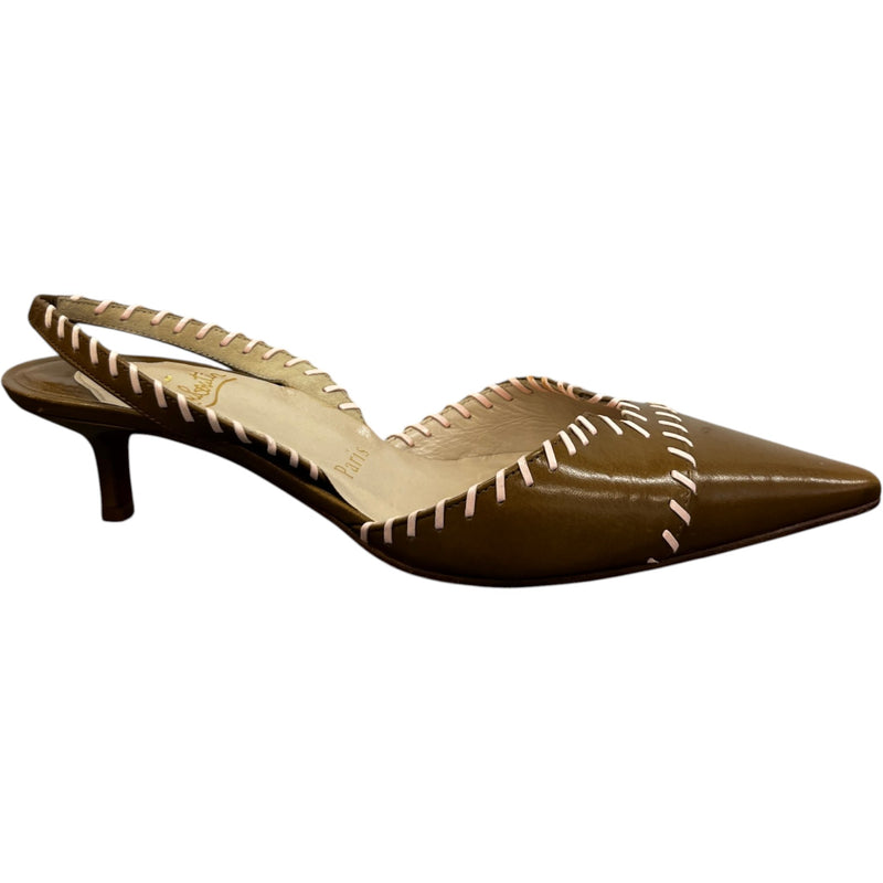 Women's Stitch Detail Kitten Heal Mules Brown Size EU 36 / UK 3