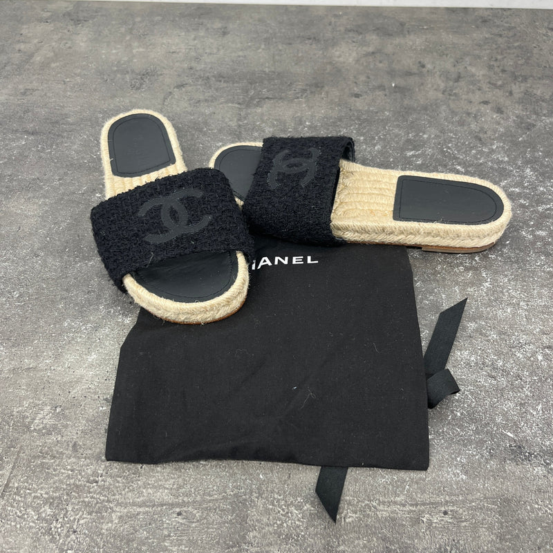 Women's CC Tweed Espadrilles Slides Black Size UK 2 / EU 35