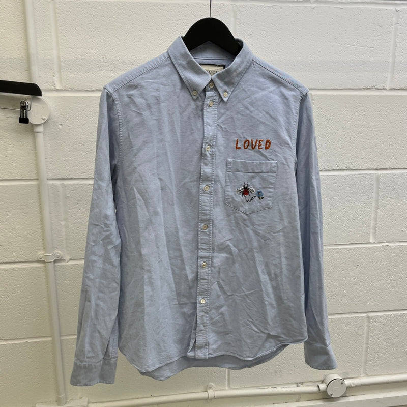 Men's Embroidered Bee Logo Long Sleeve Shirt Blue Size M