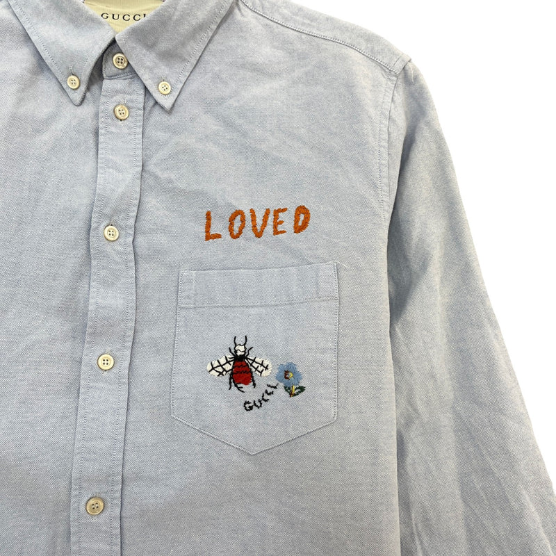 Men's Embroidered Bee Logo Long Sleeve Shirt Blue Size M