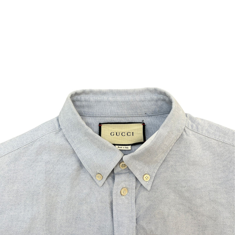 Men's Embroidered Bee Logo Long Sleeve Shirt Blue Size M