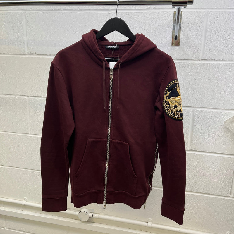 Men's Logo Crest Zip-Up Hoodie Burgundy Size S