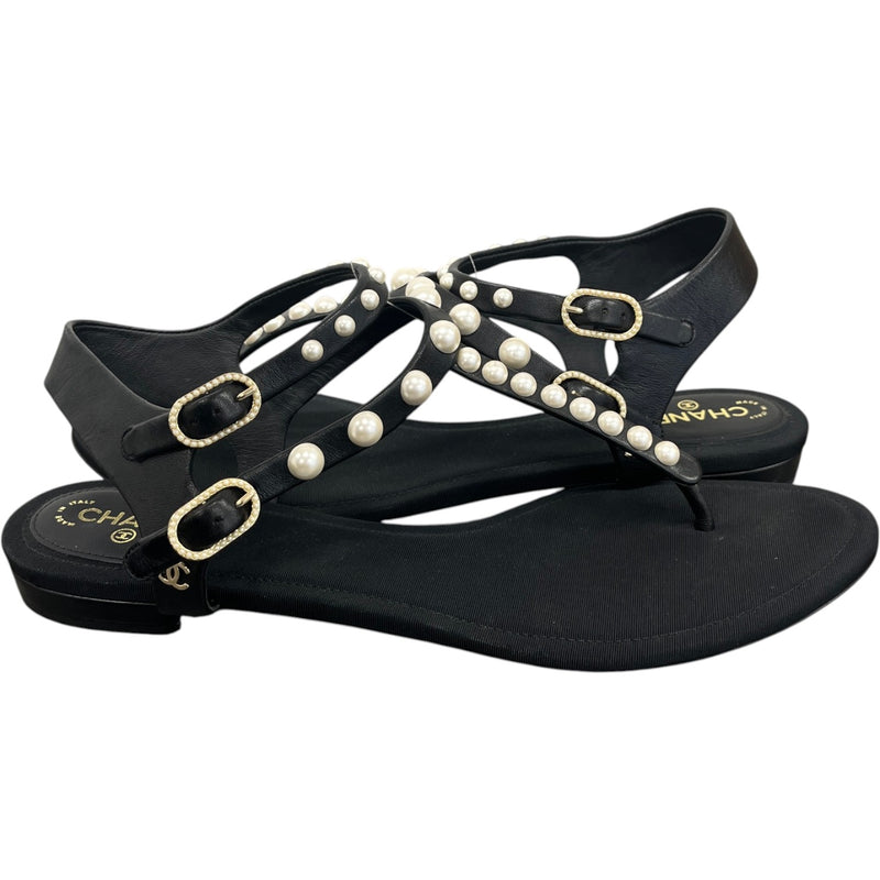 Women's Flat Thong pearl Sandals Black Size UK 6.5 / EU 39.5